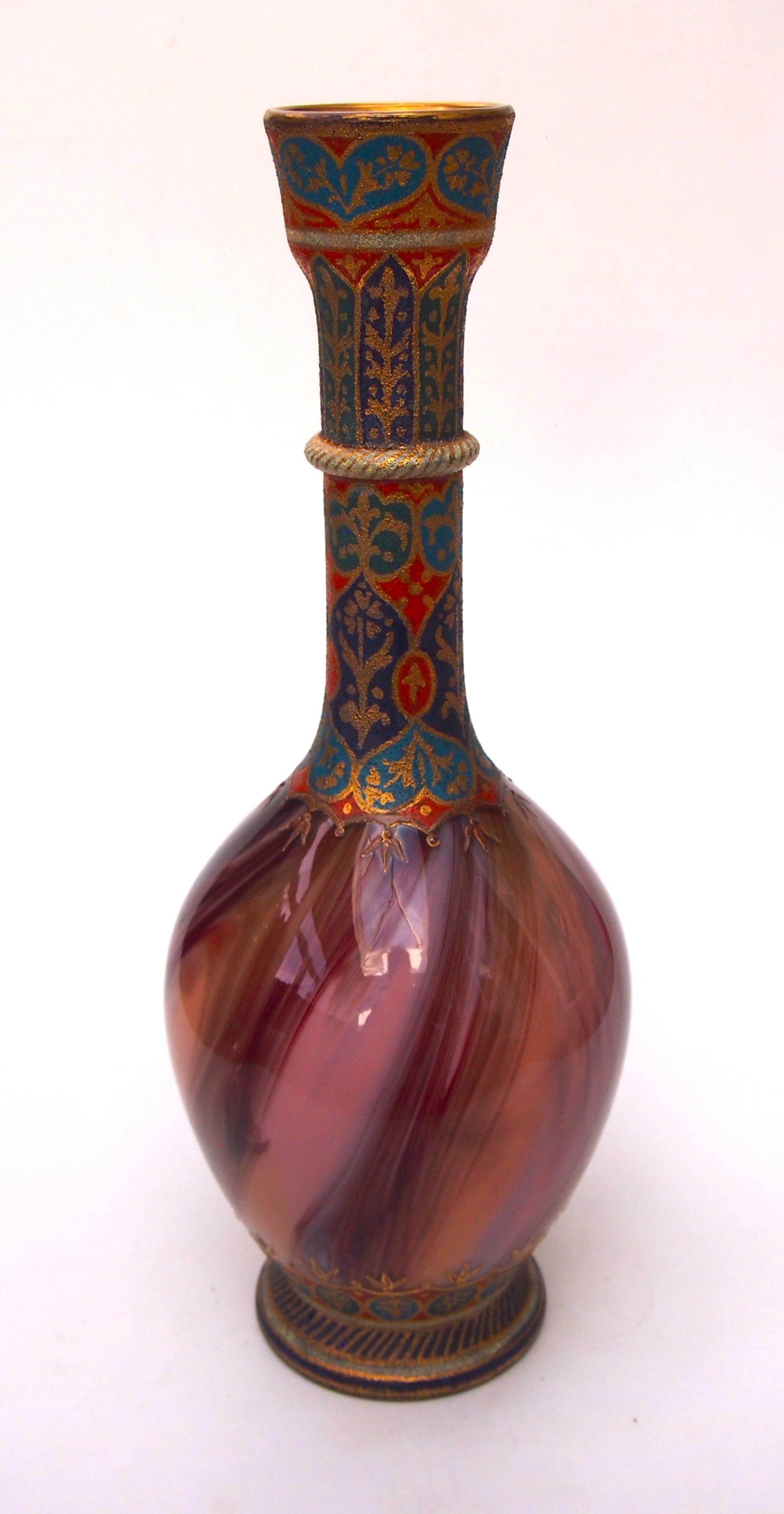 Czech Late Victorian Bohemian Enamel and Gilded Islamic Style Loetz Onyx Glass Vase For Sale