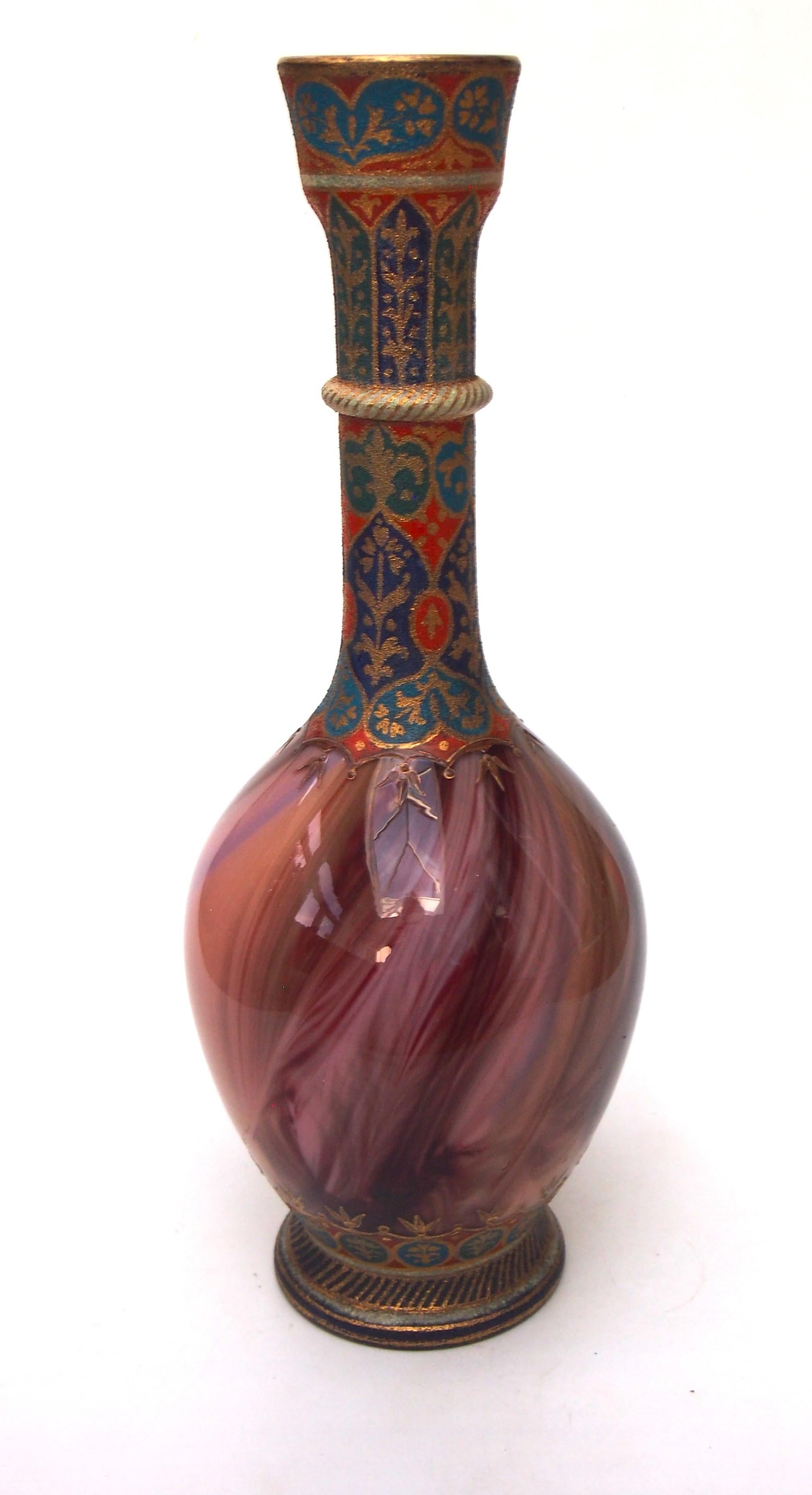 Late 19th Century Late Victorian Bohemian Enamel and Gilded Islamic Style Loetz Onyx Glass Vase For Sale