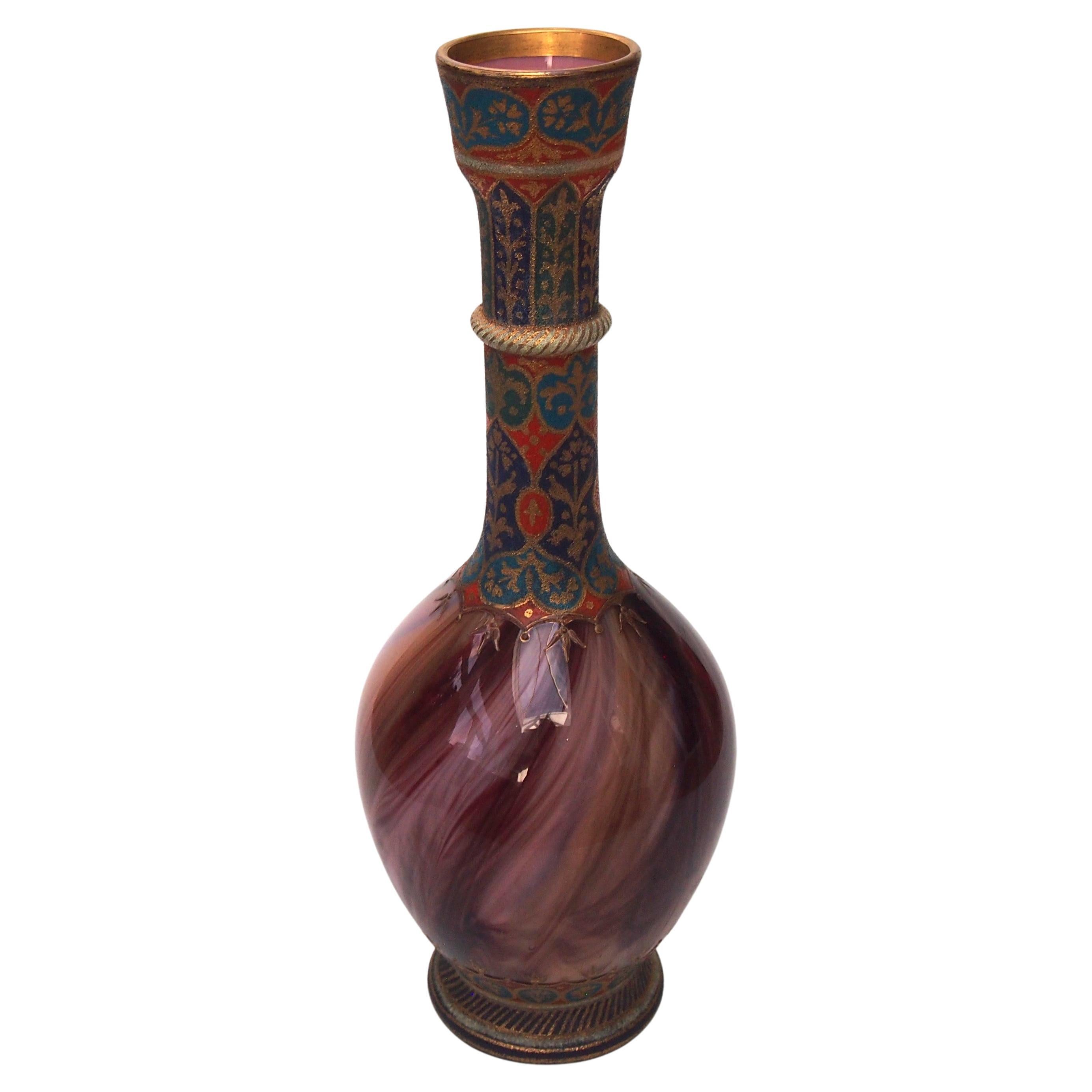 Late Victorian Bohemian Enamel and Gilded Islamic Style Loetz Onyx Glass Vase