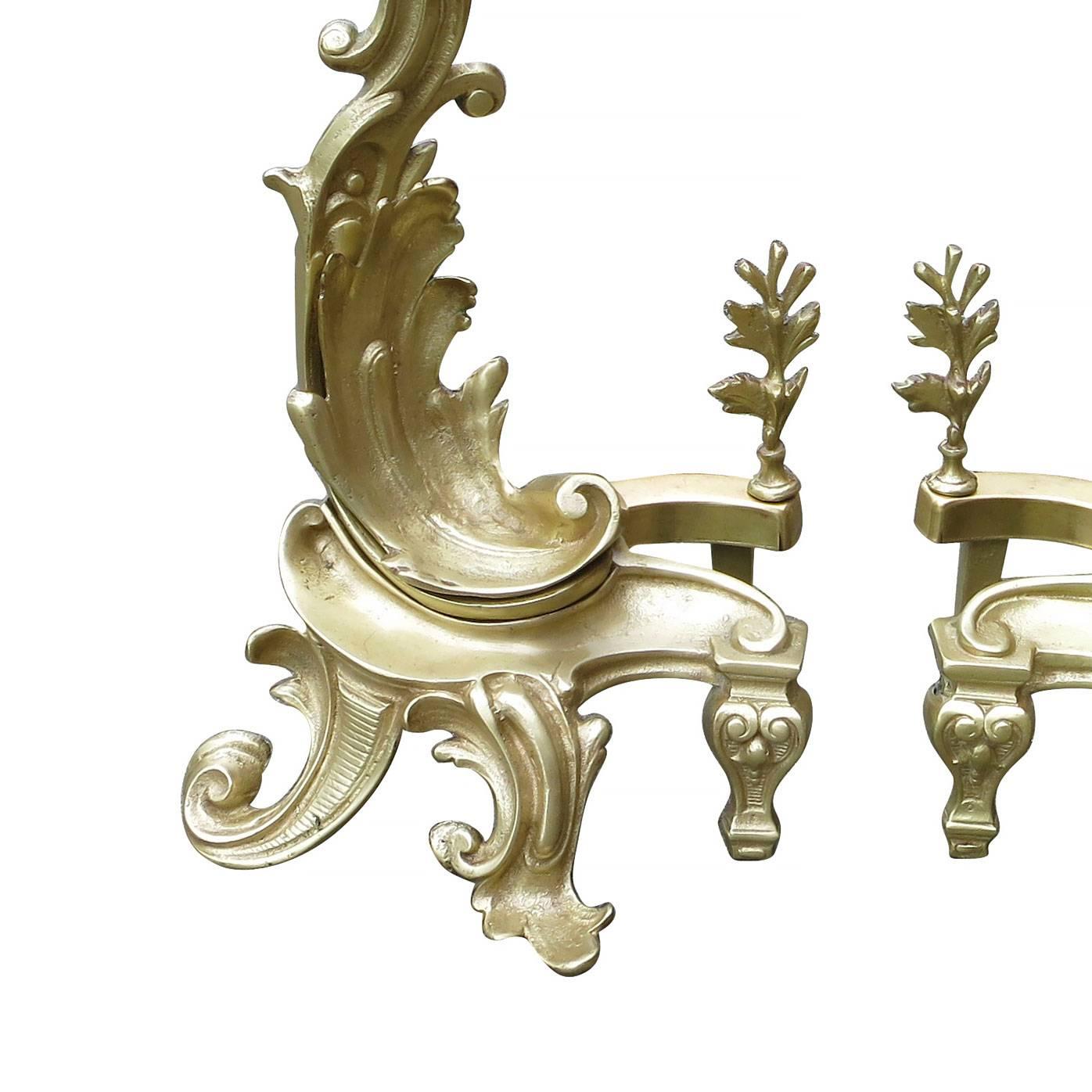 American Late Victorian Brass Rococo Style Fireplace Andirons For Sale