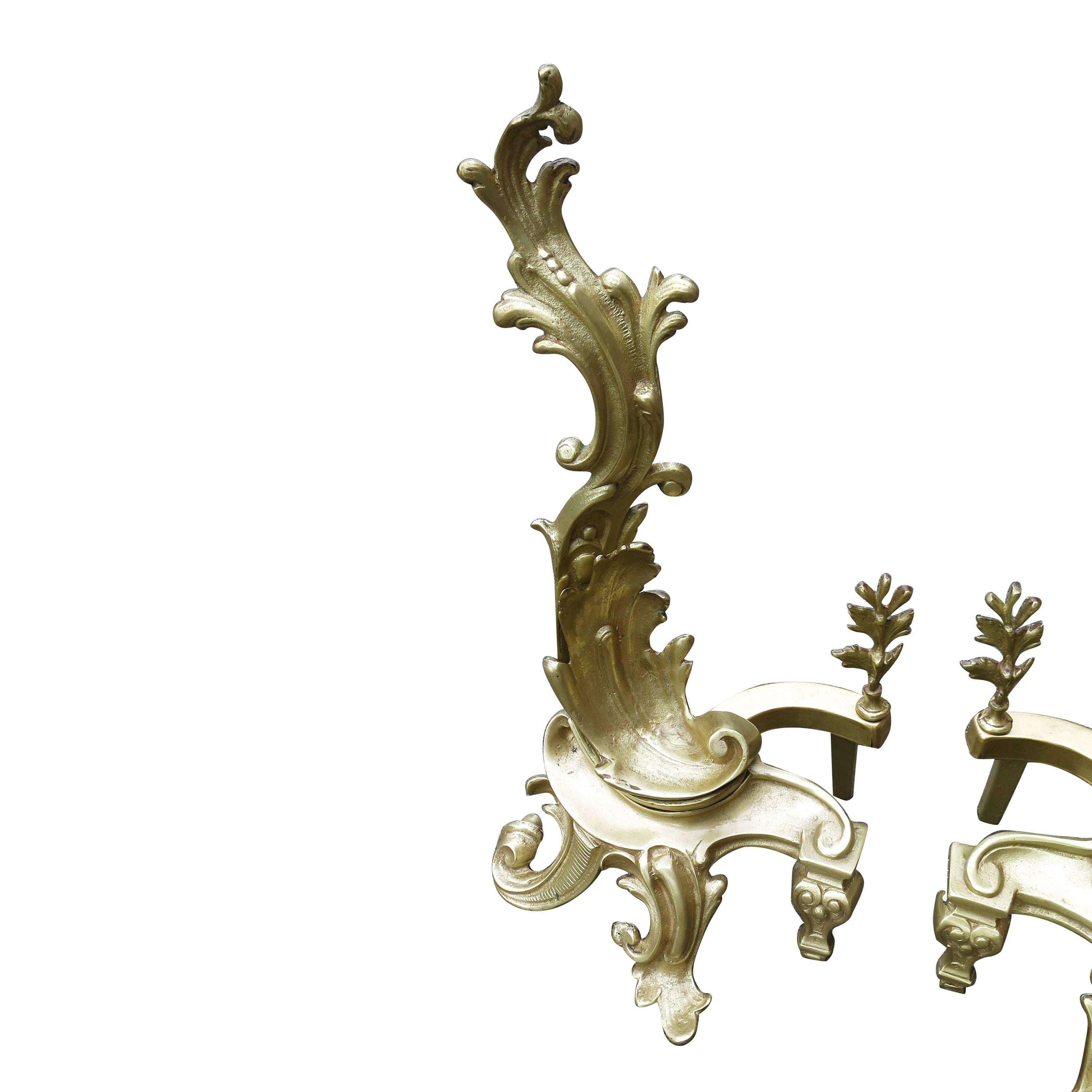 Late Victorian Brass Rococo Style Fireplace Andirons In Excellent Condition For Sale In Van Nuys, CA