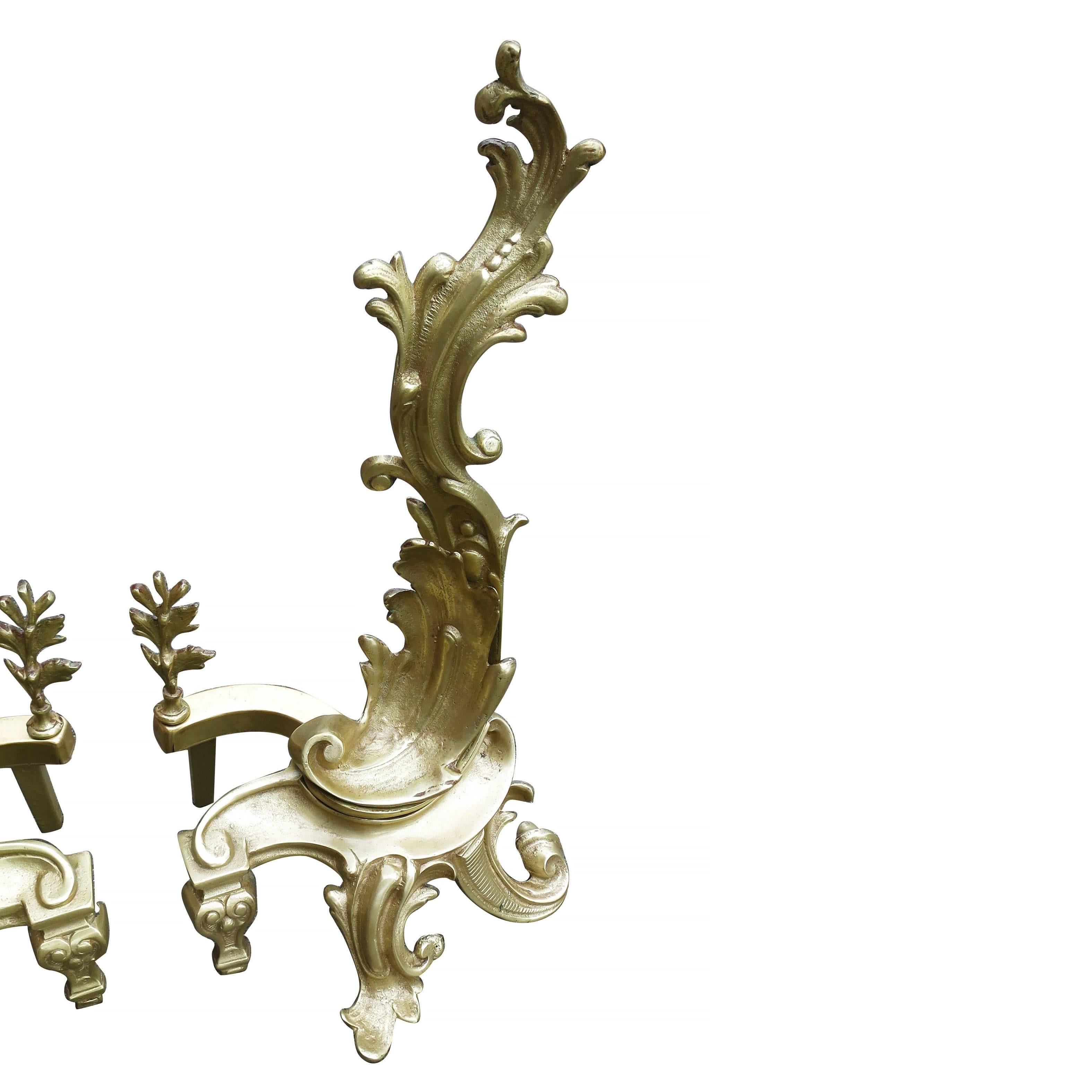 Late Victorian Brass Rococo Style Fireplace Andirons For Sale 1