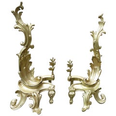 Late Victorian Brass Rococo Style Fireplace Andirons