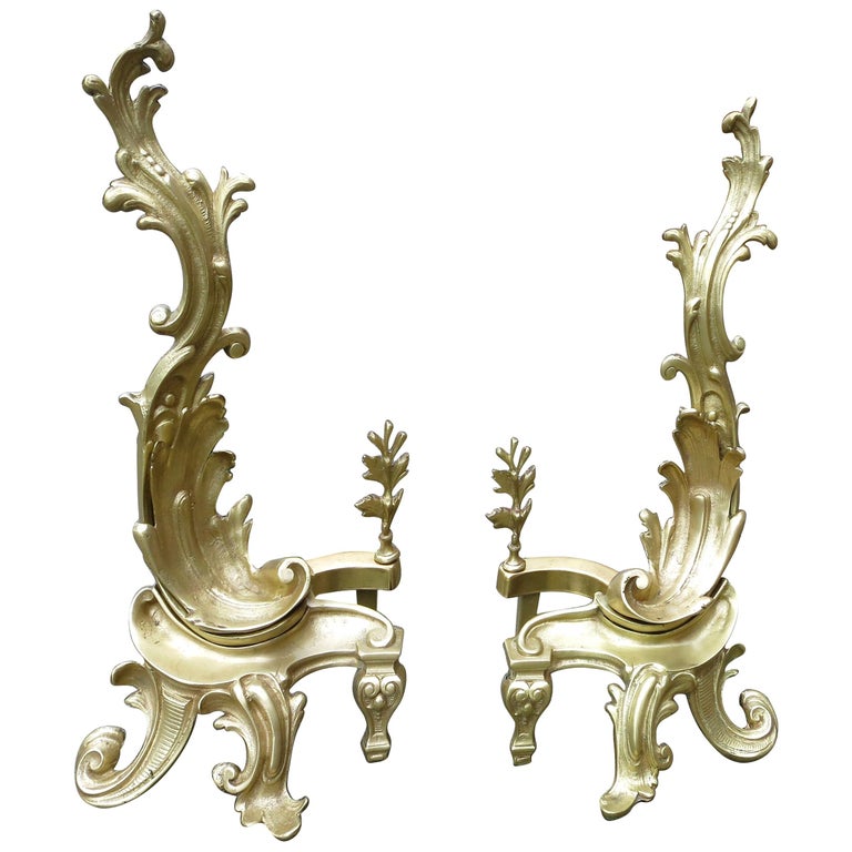 Late Victorian Brass Rococo Style Fireplace Andirons For Sale at 1stDibs