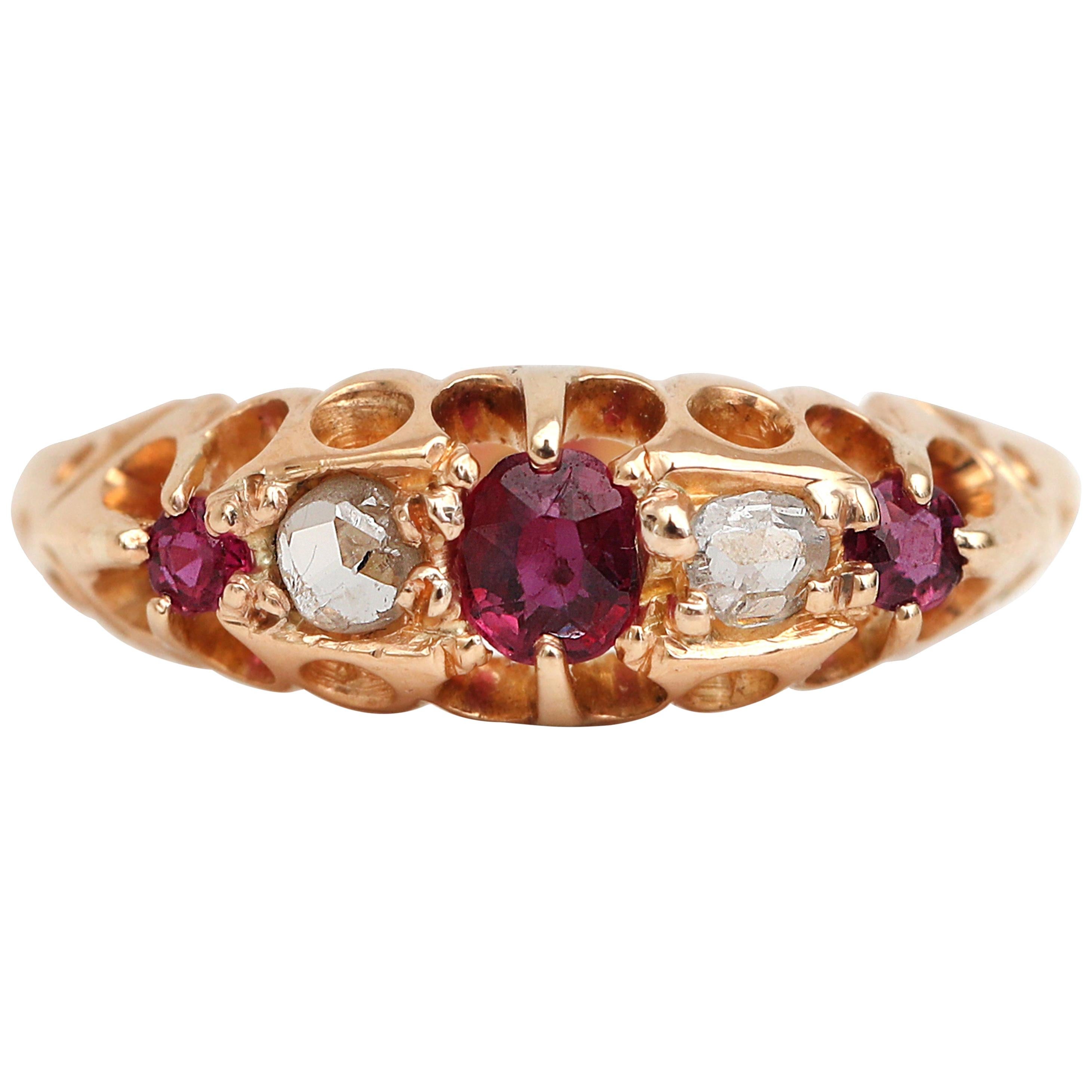 Late Victorian British Ruby and Diamond Ring, 18 Karat Gold with Hang Engraving