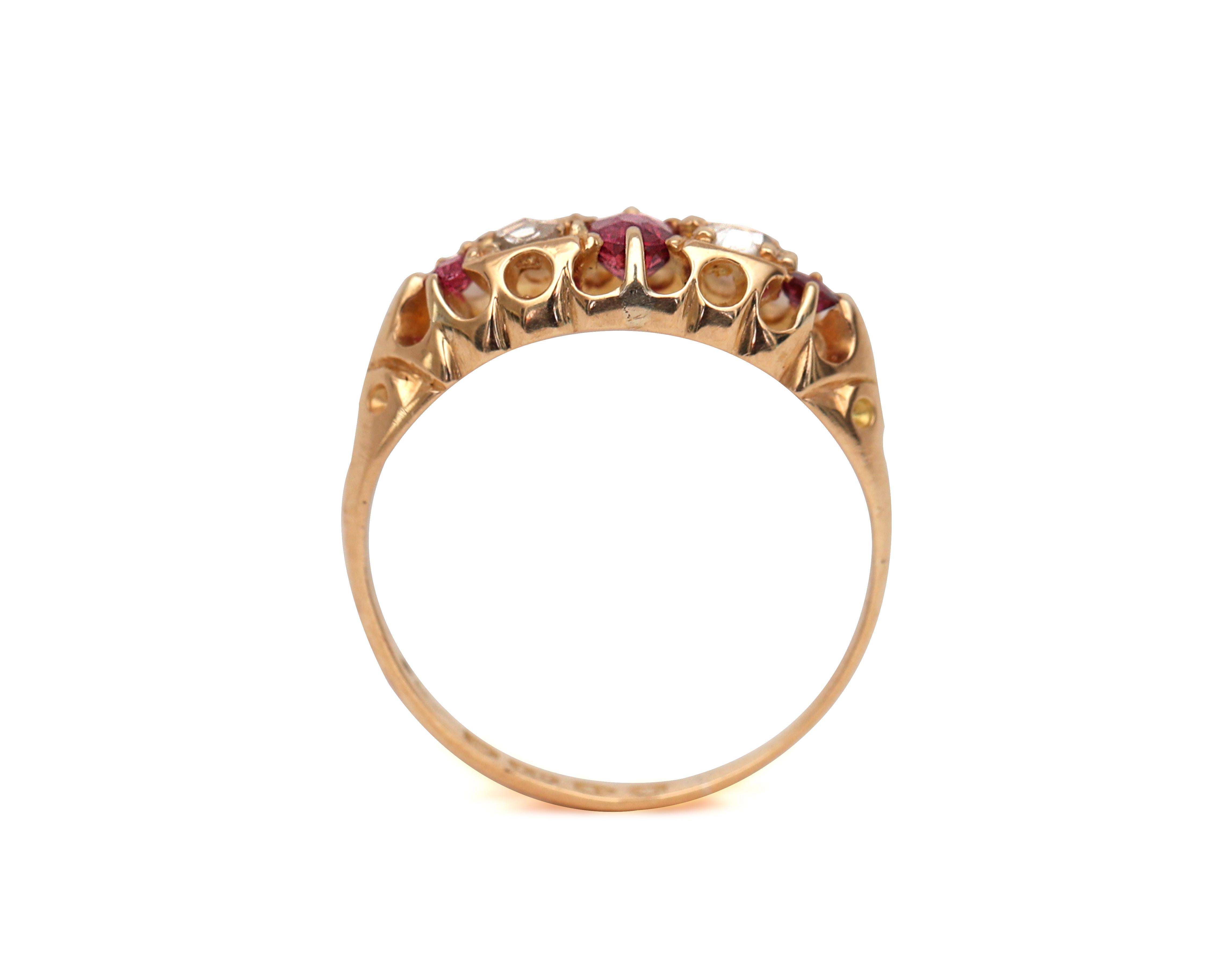 Rose Cut Late Victorian British Ruby and Diamond Ring, 18 Karat Gold with Hang Engraving