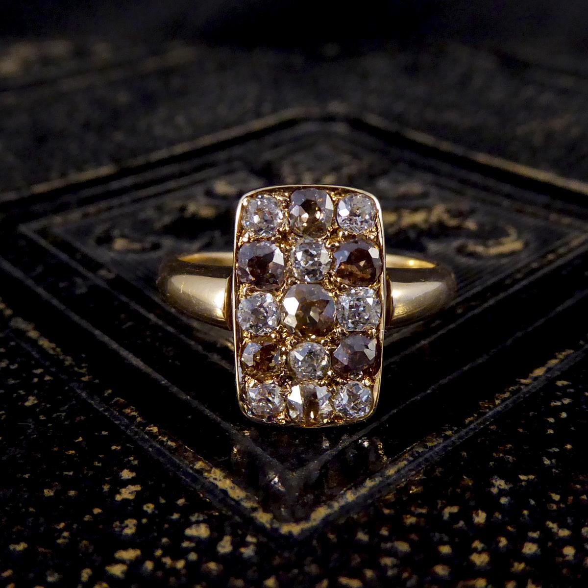 Late Victorian Brown and White Diamond Chequerboard Ring in 18ct Yellow Gold For Sale 1