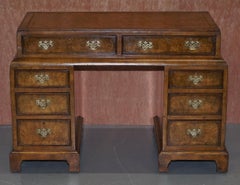 Late Victorian Burl Walnut Cushion Curve Pedestal Desk Brown Leather Surface