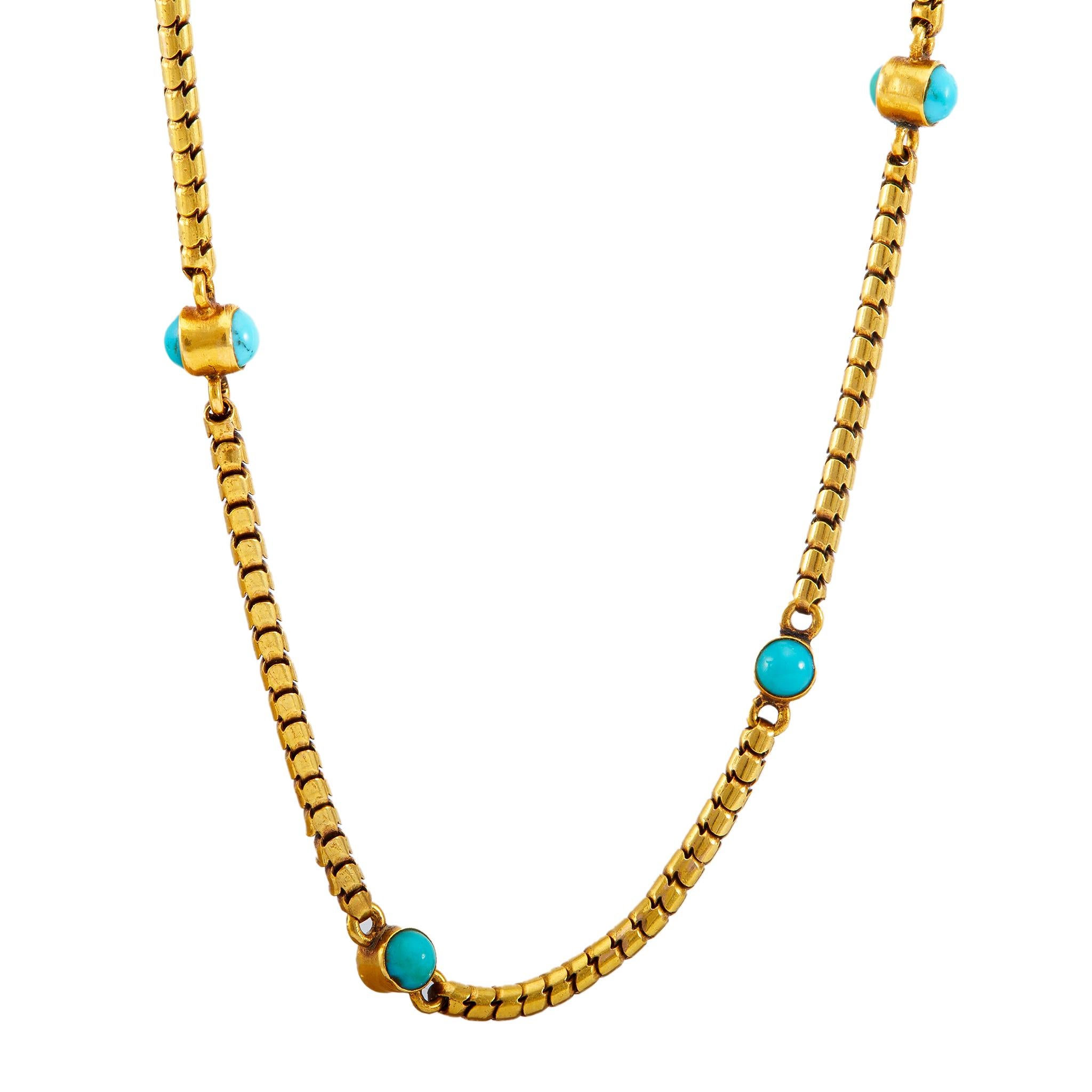 Late Victorian Cabochon Cut Turquoise 14k Yellow Gold Necklace 1