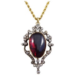Late Victorian Cabochon Garnet and Diamond Pendant on 9ct Yellow Gold Chain
