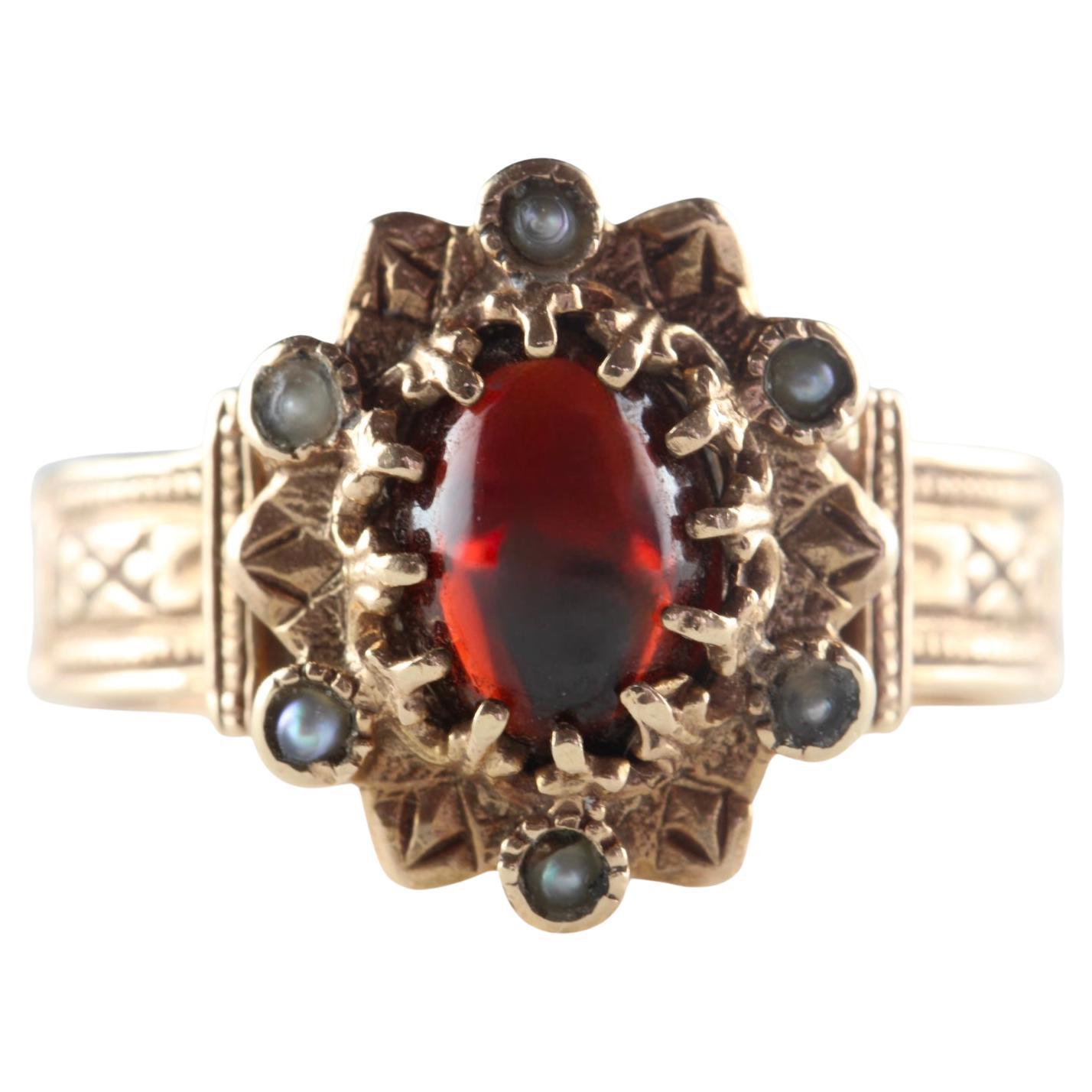 Spätviktorianischer Cabochon-Granat- und Saatperlenring im Angebot