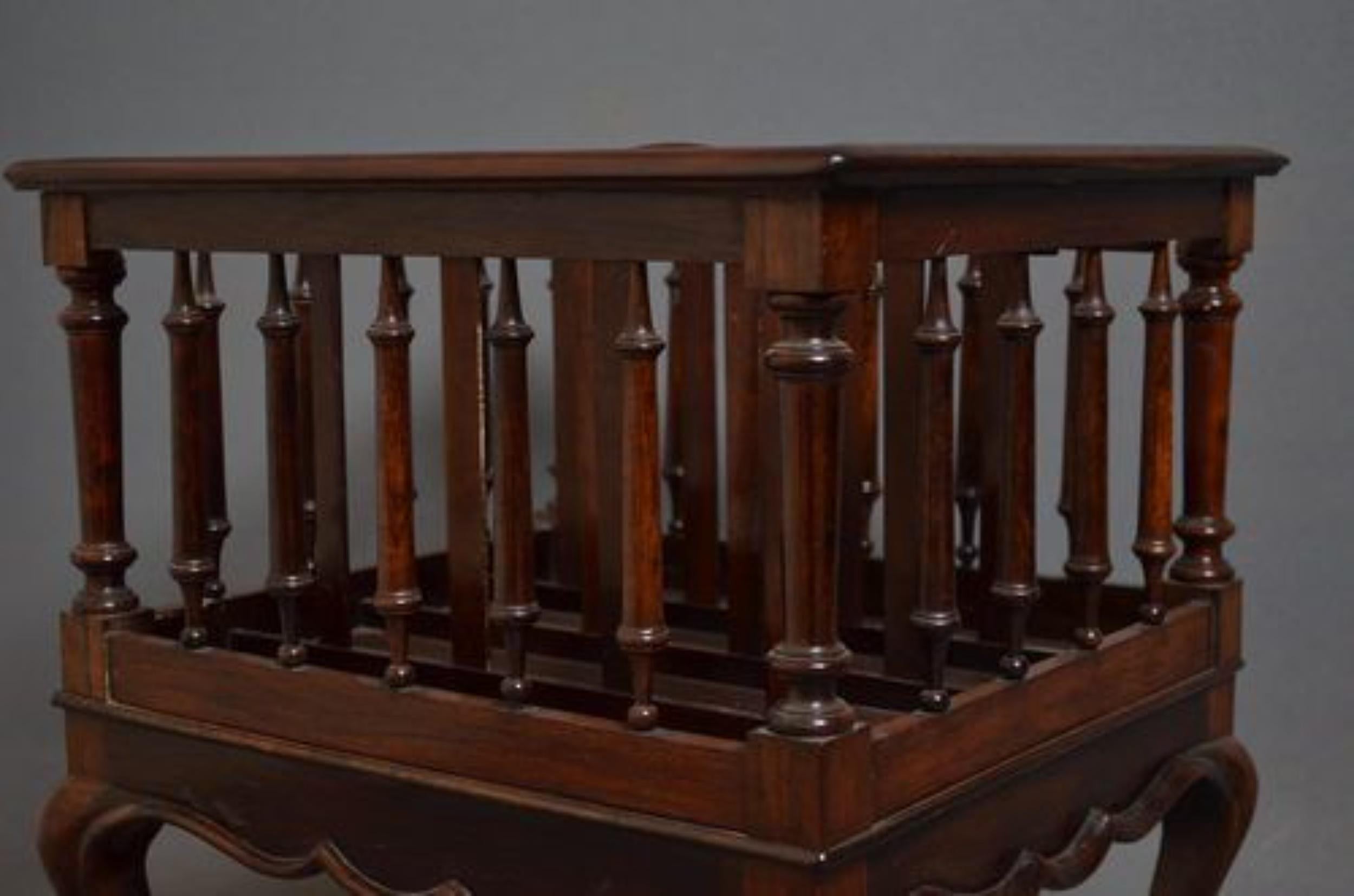 Sn820 Late Victorian, rosewood canterbury of rectangular shape, divided into 4 sections with tapering turned supports, stand on cabriole legs terminating in castors, all in original condition throughout. c1890
Measures: H 18