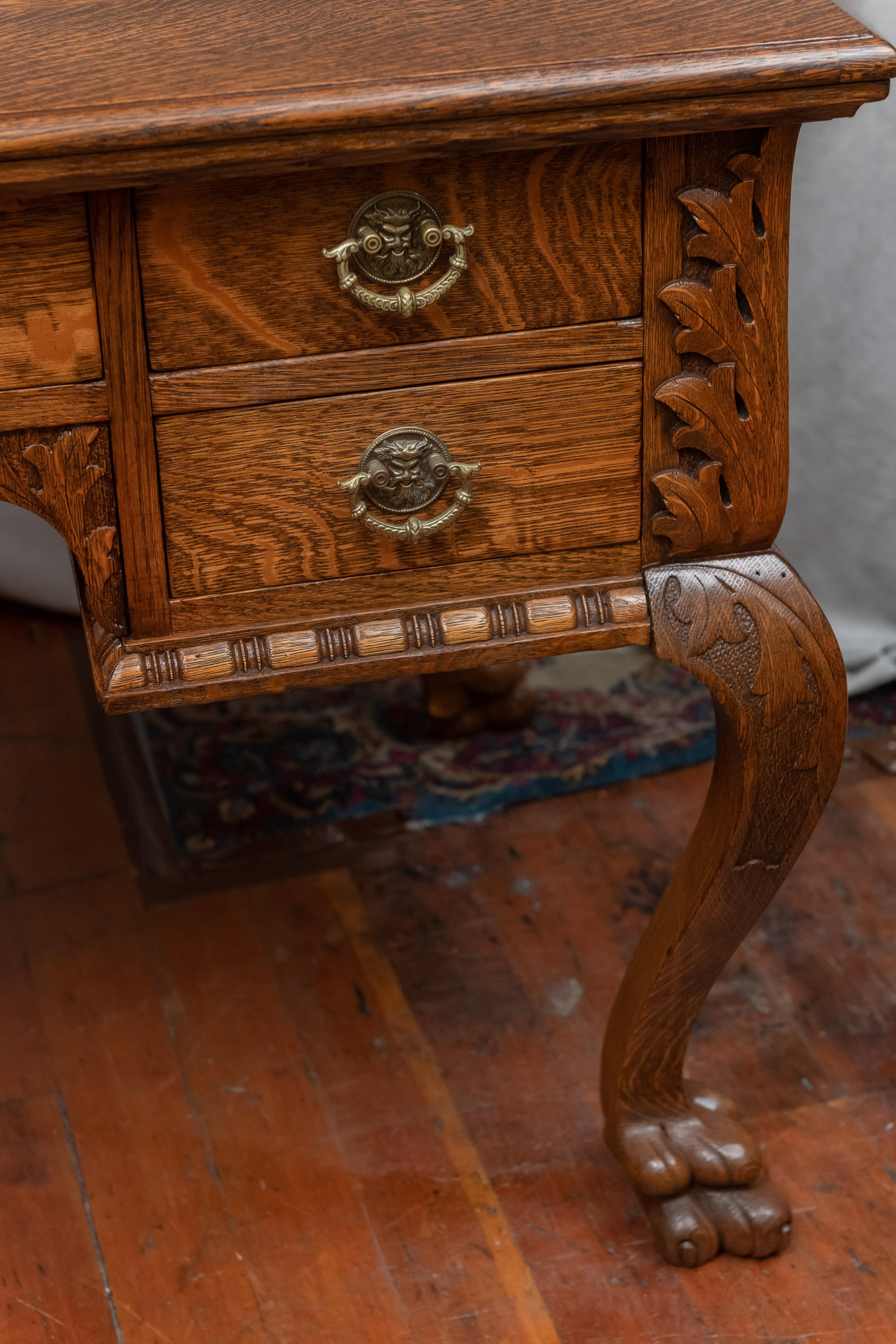 Brass Late Victorian Carved American Tiger Oak Library Table, circa 1890s