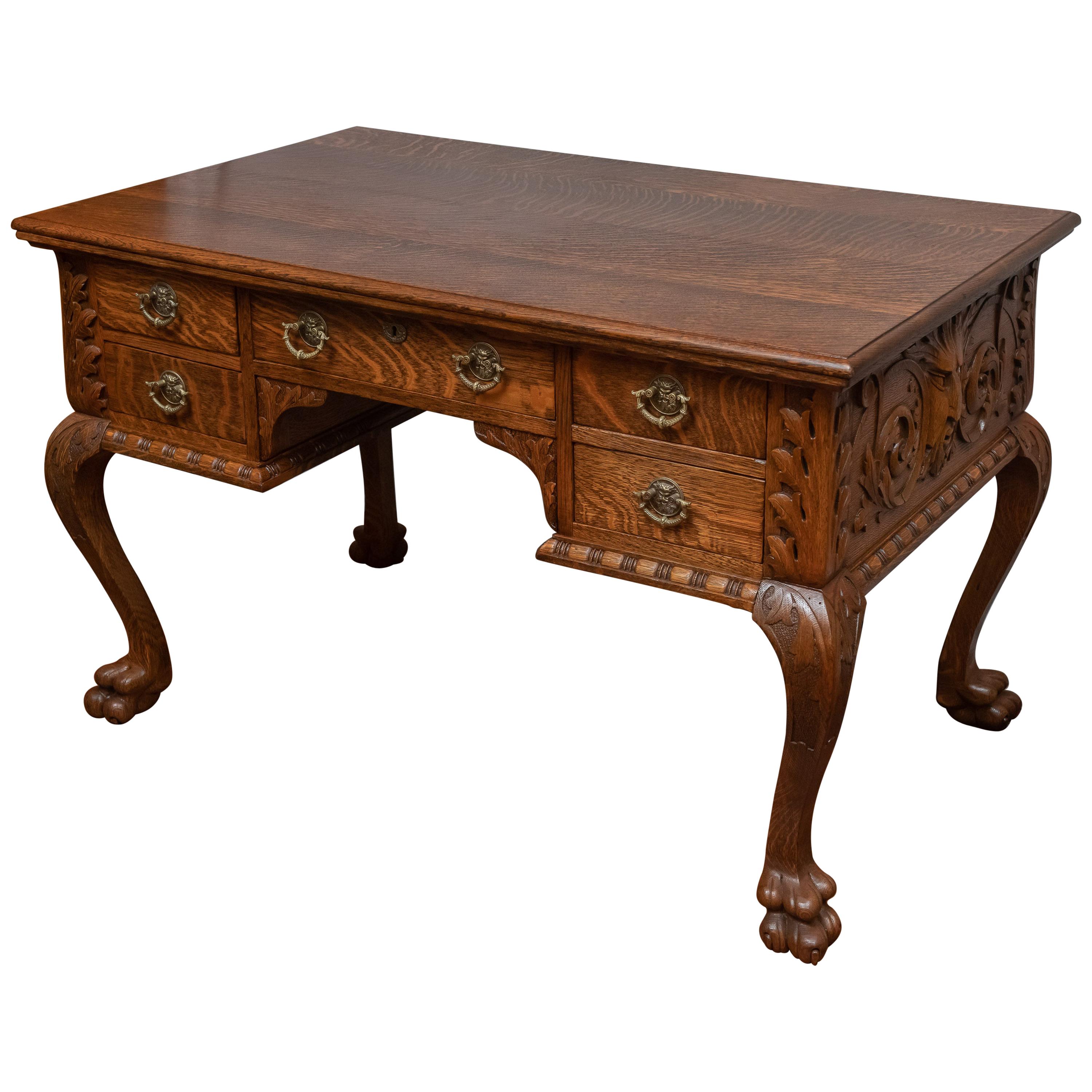 Late Victorian Carved American Tiger Oak Library Table, circa 1890s