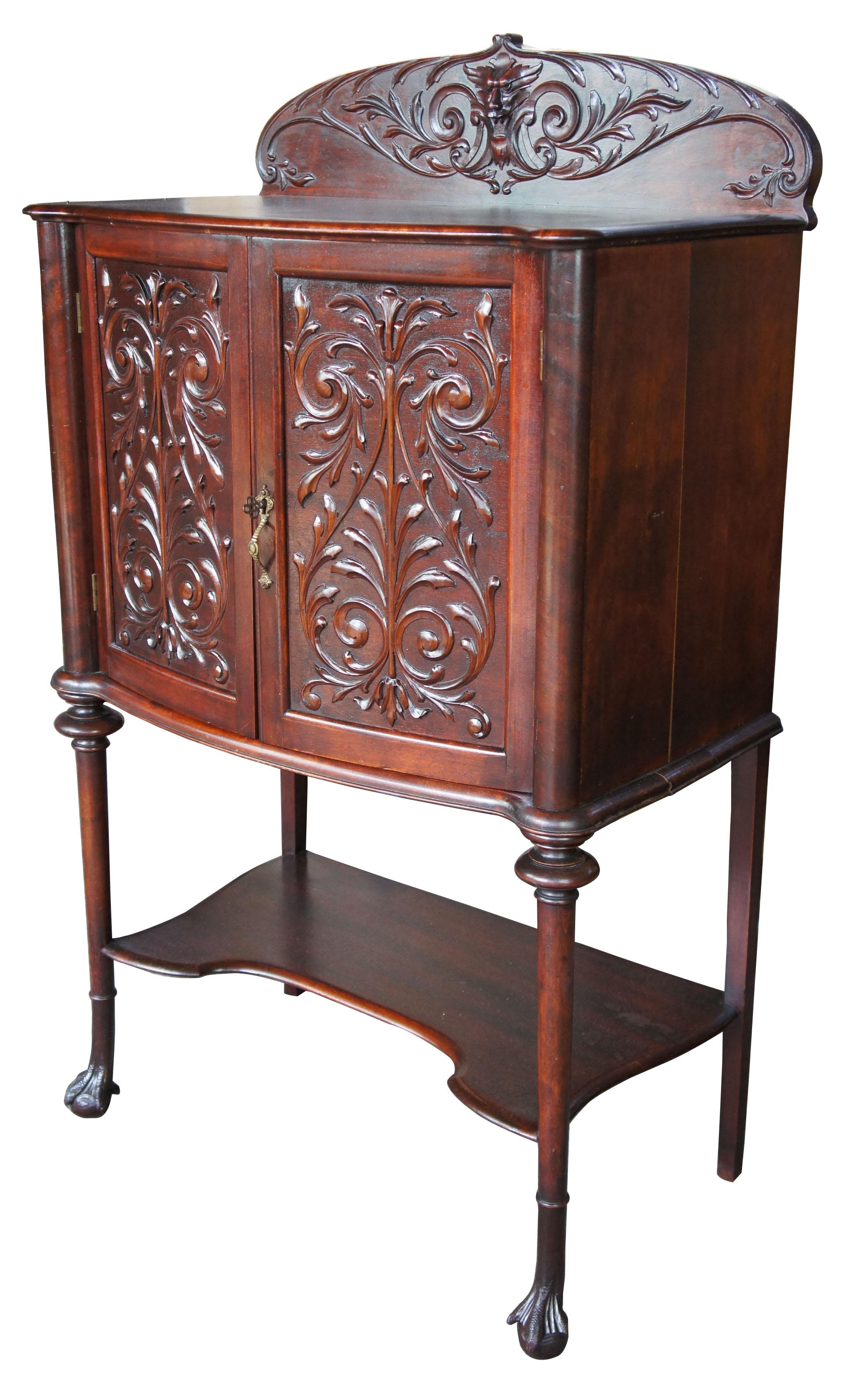 Late Victorian Carved Mahogany Music Cabinet Ball & Claw Foot Backsplash Dry Bar In Good Condition In Dayton, OH