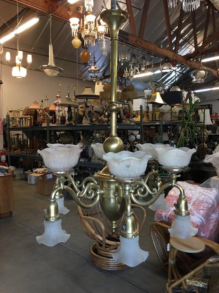 American Late Victorian Cast Brass Transitional Six-Arm Gas and Electric Chandelier