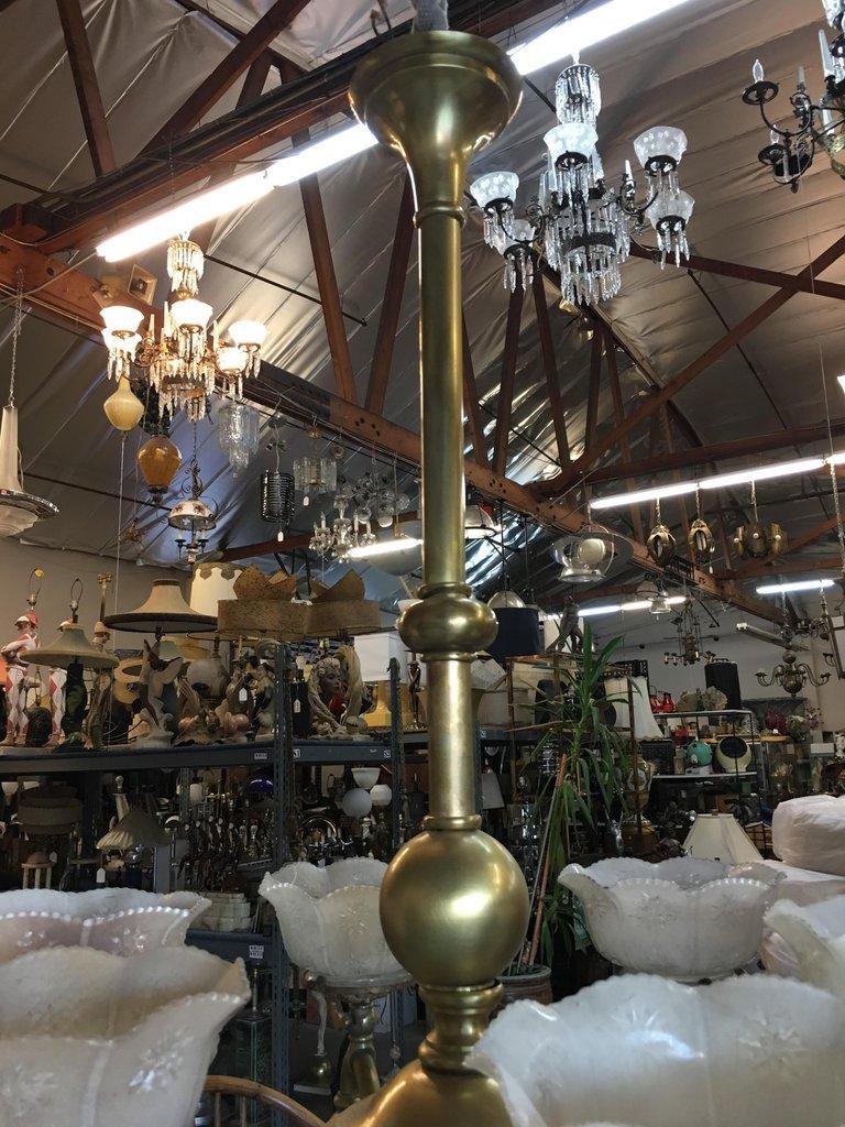 Amsterdam School Late Victorian Cast Brass Transitional Six-Arm Gas and Electric Chandelier