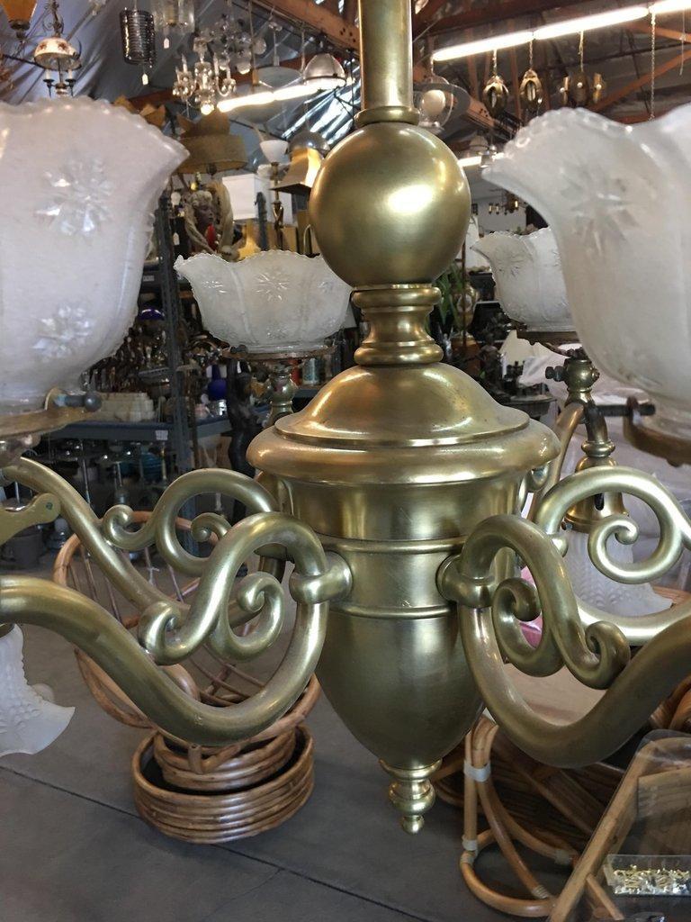 Late Victorian Cast Brass Transitional Six-Arm Gas and Electric Chandelier In Excellent Condition In Van Nuys, CA
