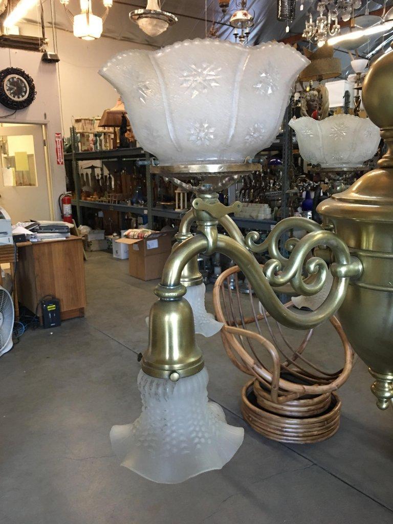 Early 20th Century Late Victorian Cast Brass Transitional Six-Arm Gas and Electric Chandelier