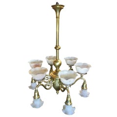 Late Victorian Cast Brass Transitional Six-Arm Gas and Electric Chandelier
