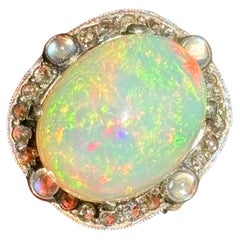 Late Victorian Certified 13.5 Carat Precious Opal Diamond Cluster Ring