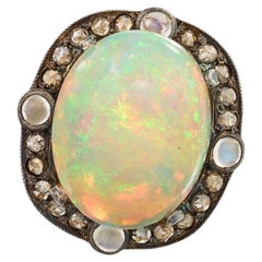 Late Victorian Certified 13.5 Carat Precious Opal Diamond Cluster Ring