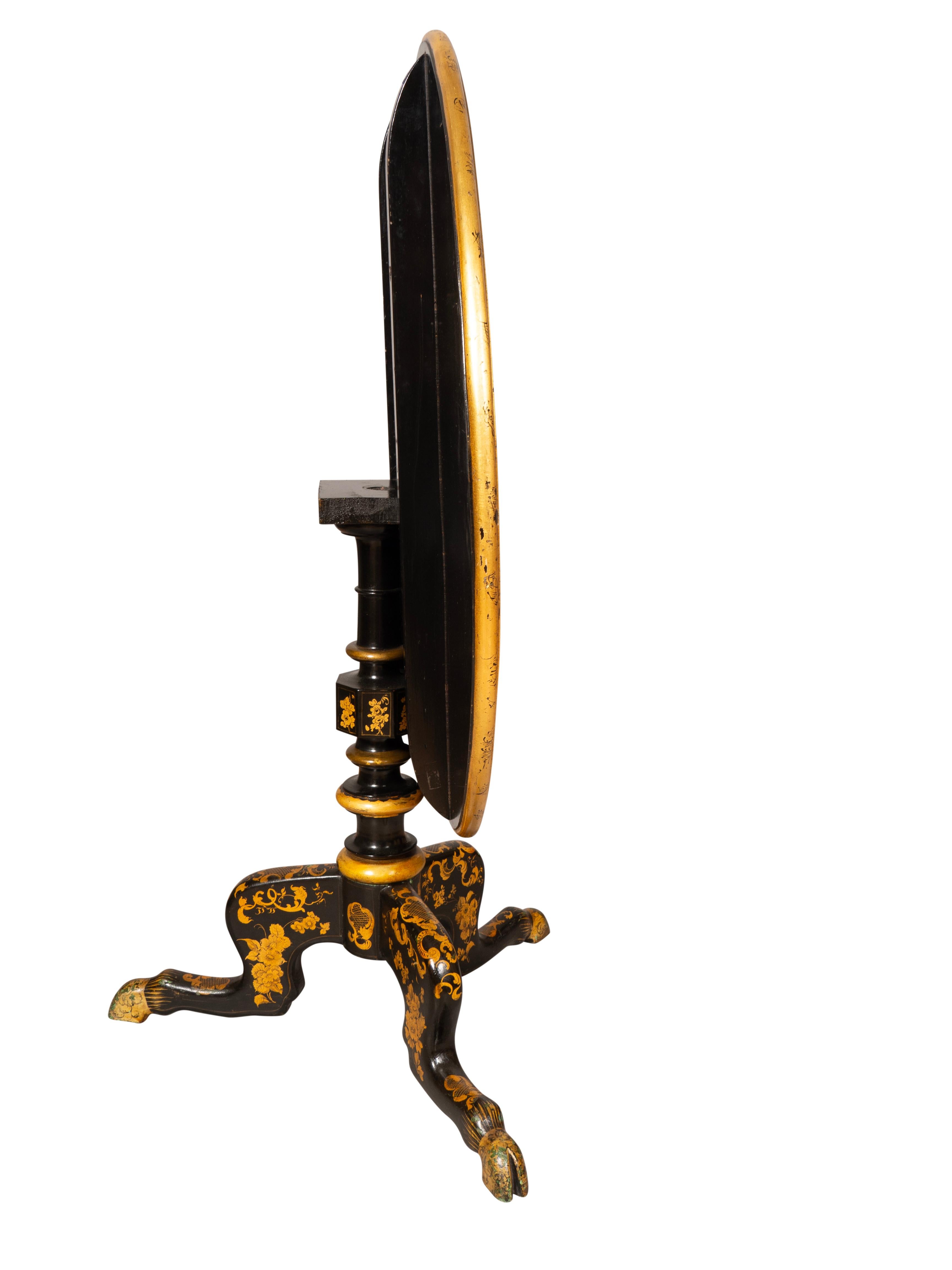 Circular tilt top well decorated in the Chinese export style. turned support with three legs and hoof feet. 