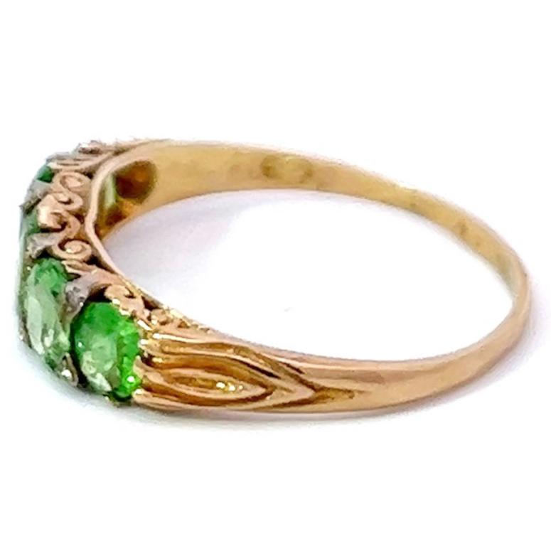 Women's or Men's Late Victorian Demantoid Garnet Diamond 18 Karat Gold Five Stone Band Ring