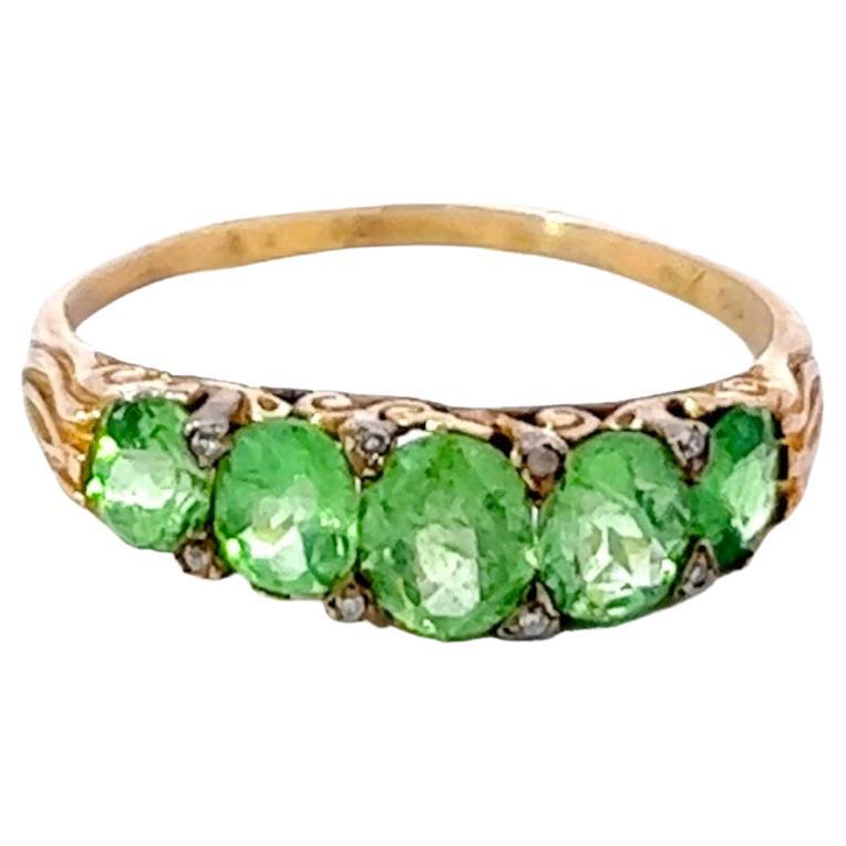 Late Victorian Demantoid Garnet Diamond 18 Karat Gold Five Stone Band Ring