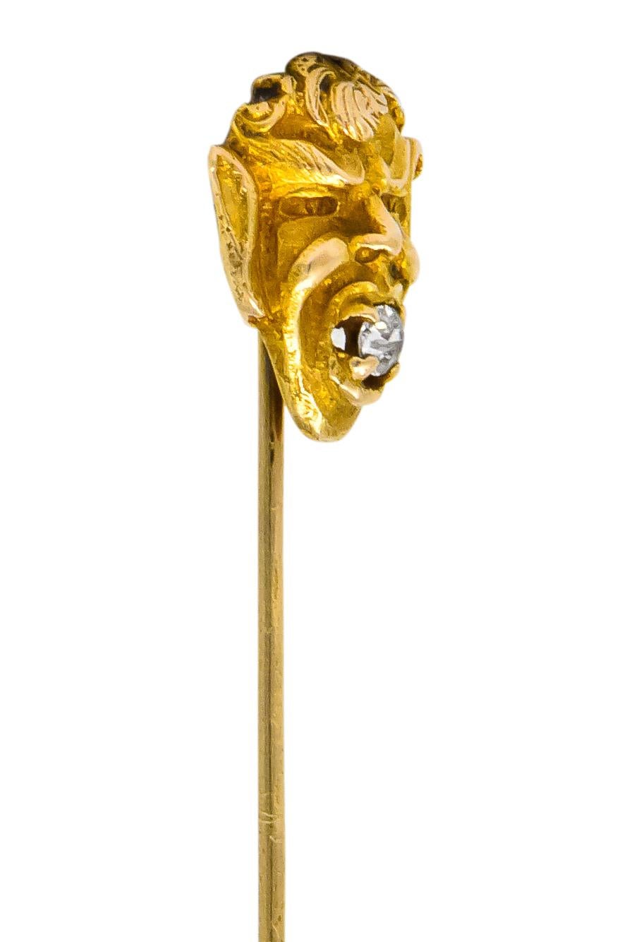 Late Victorian Diamond 10 Karat Gold Greek God Pan Stickpin In Excellent Condition In Philadelphia, PA