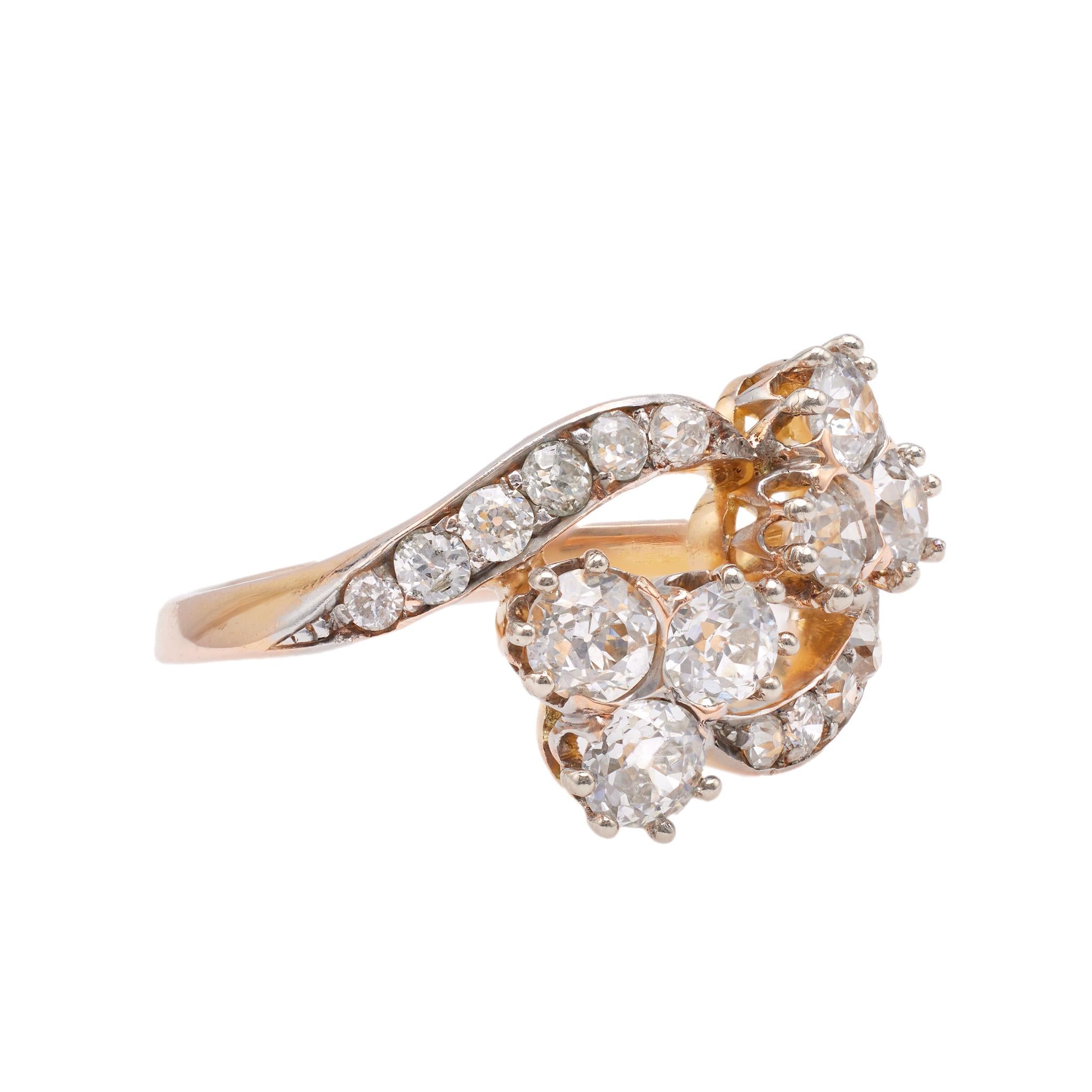 Women's or Men's Late Victorian Diamond 18k Rose Gold Platinum Bypass Ring
