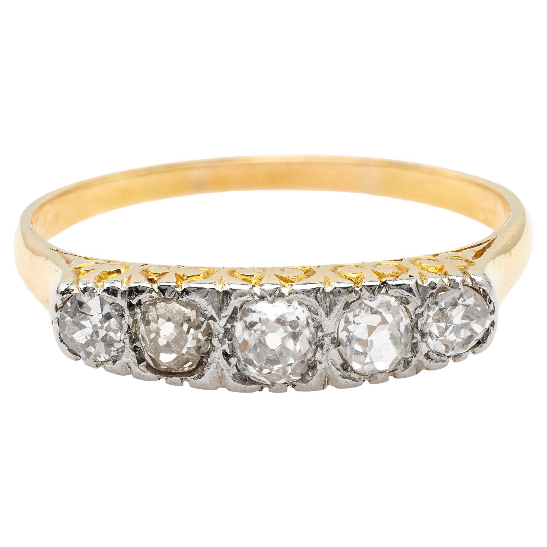 Late Victorian Diamond 18k Yellow Gold Silver Five Stone Ring