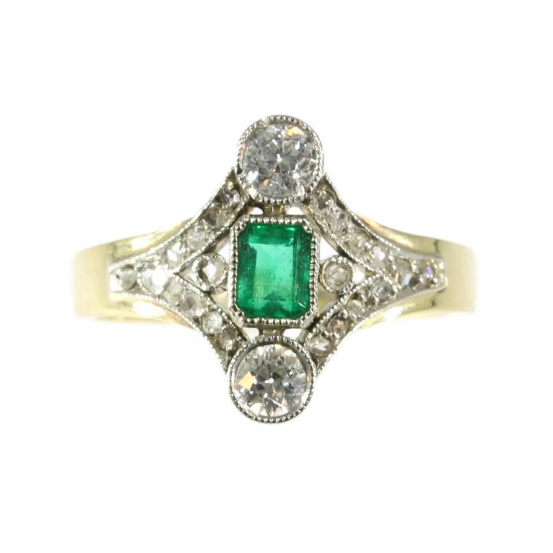 Women's Late Victorian Antique Diamond Emerald Engagement Ring, 1900s        