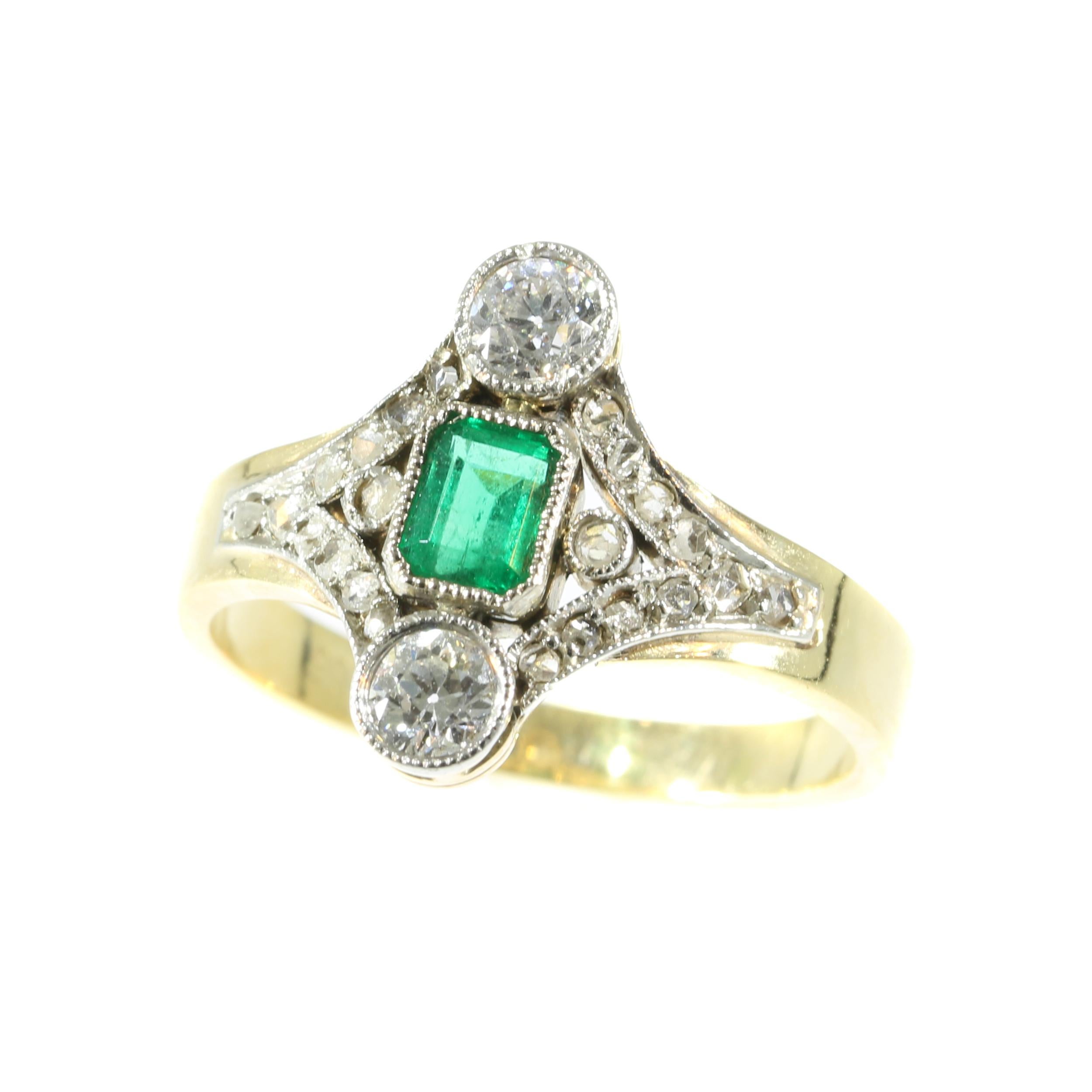 Late Victorian Antique Diamond Emerald Engagement Ring, 1900s        