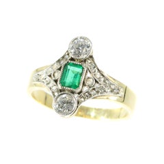 Late Victorian Antique Diamond Emerald Engagement Ring, 1900s