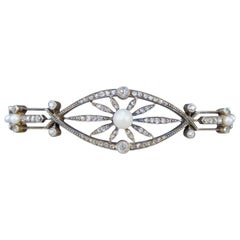 Late Victorian Diamond and Pearl Panel Bracelet in 15 Carat Gold and Silver