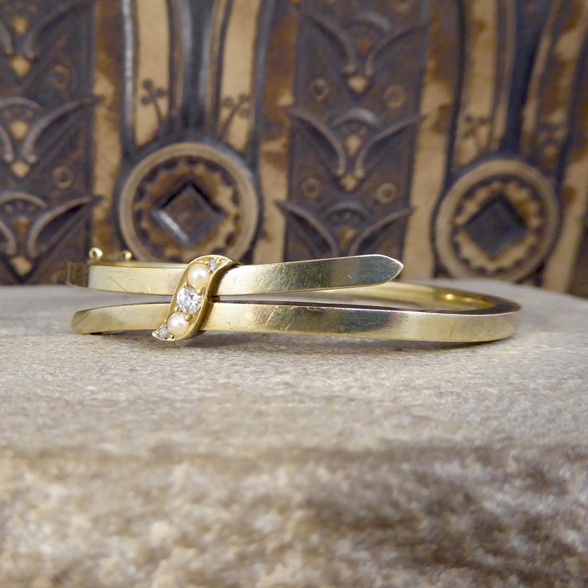 Women's or Men's Late Victorian Diamond and Seed Pearl Bangle in 15 Carat Yellow Gold