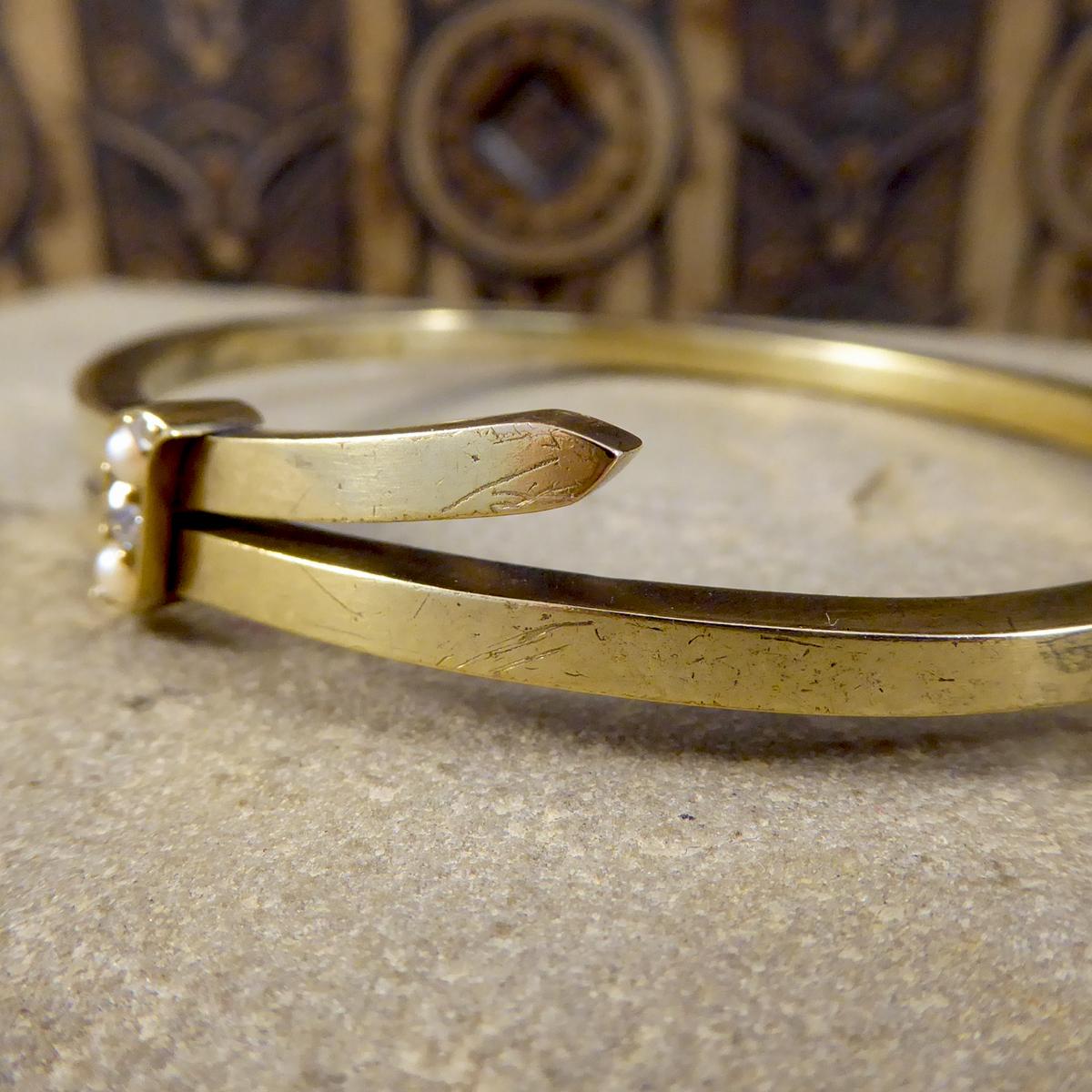 Late Victorian Diamond and Seed Pearl Bangle in 15 Carat Yellow Gold 3