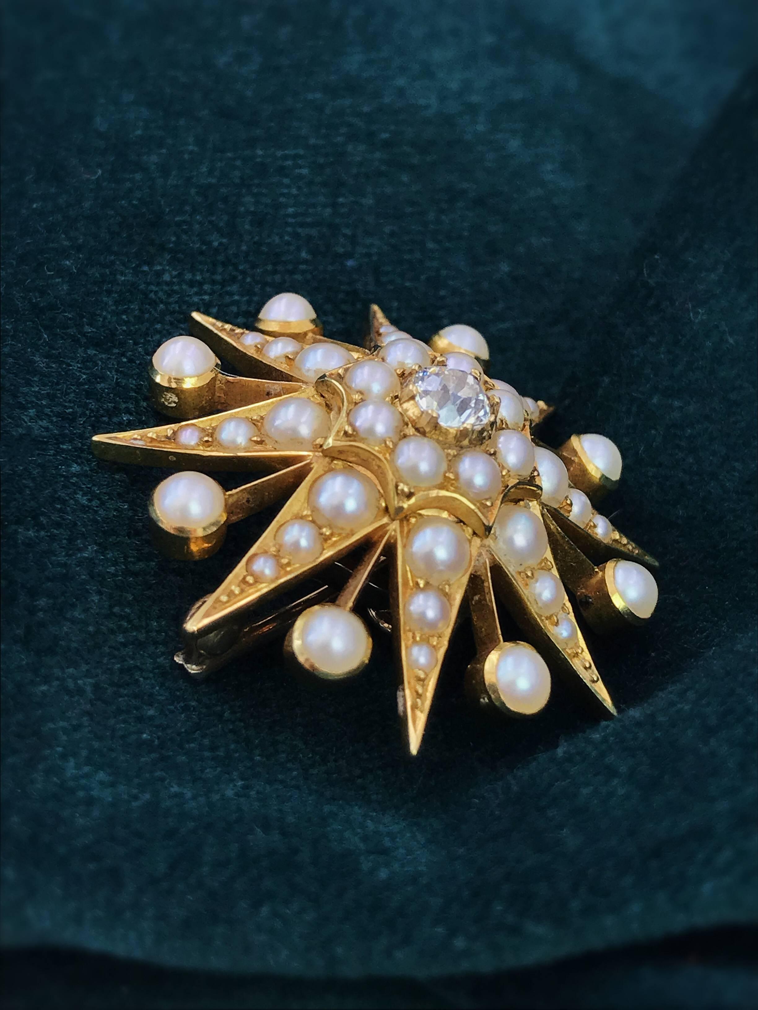 Old European Cut 15K Late Victorian Diamond and Split Pearl Star Brooch or Pendant 