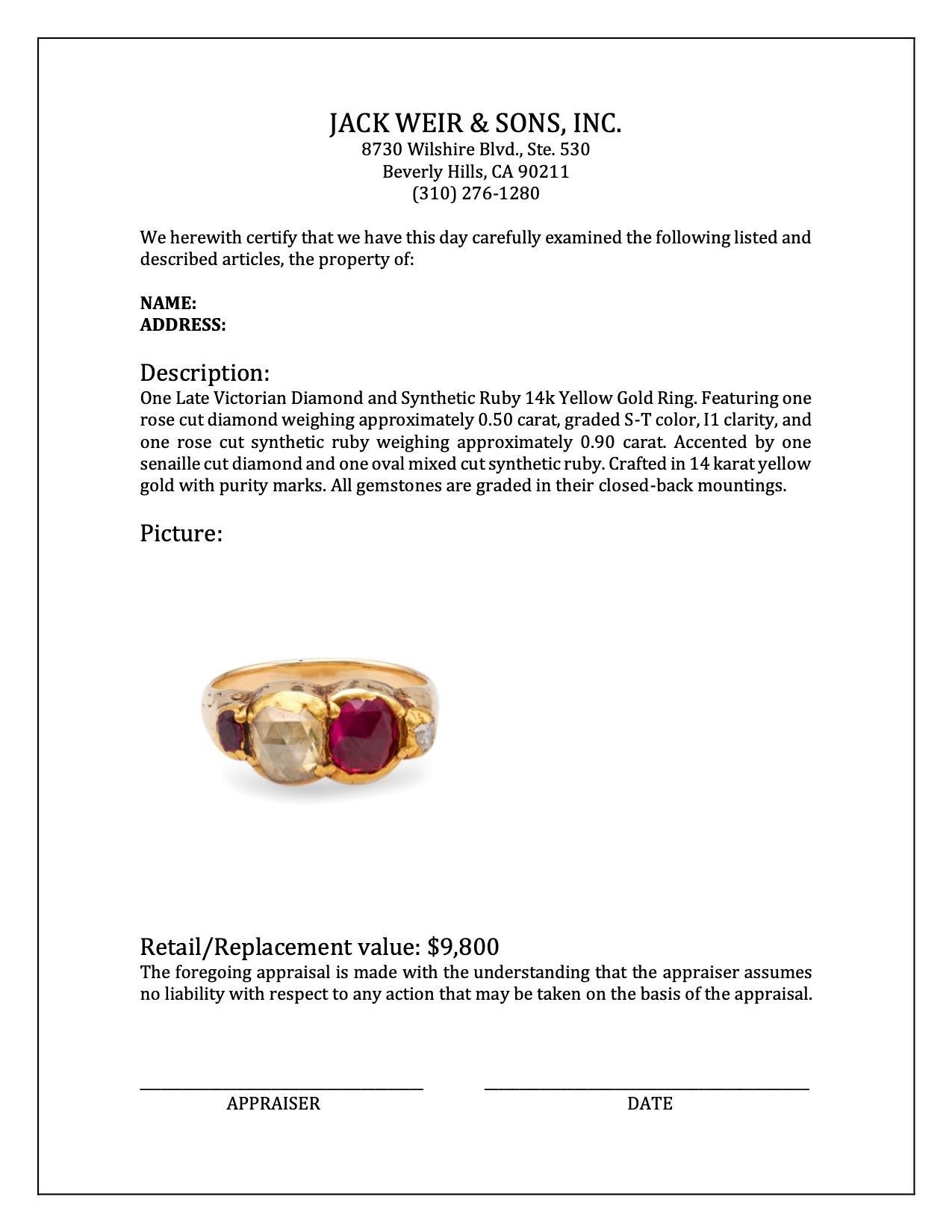Women's or Men's Late Victorian Diamond and Synthetic Ruby 14k Yellow Gold Ring For Sale