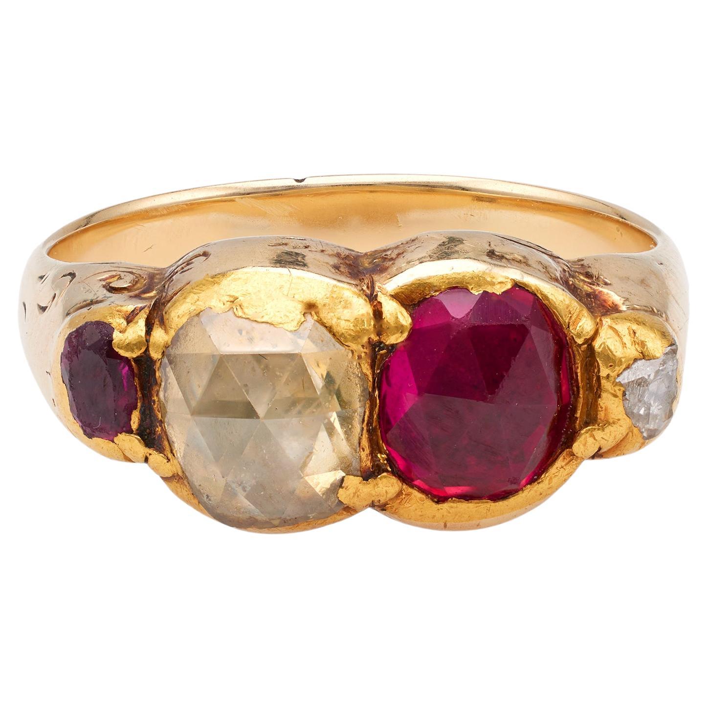 Late Victorian Diamond and Synthetic Ruby 14k Yellow Gold Ring For Sale