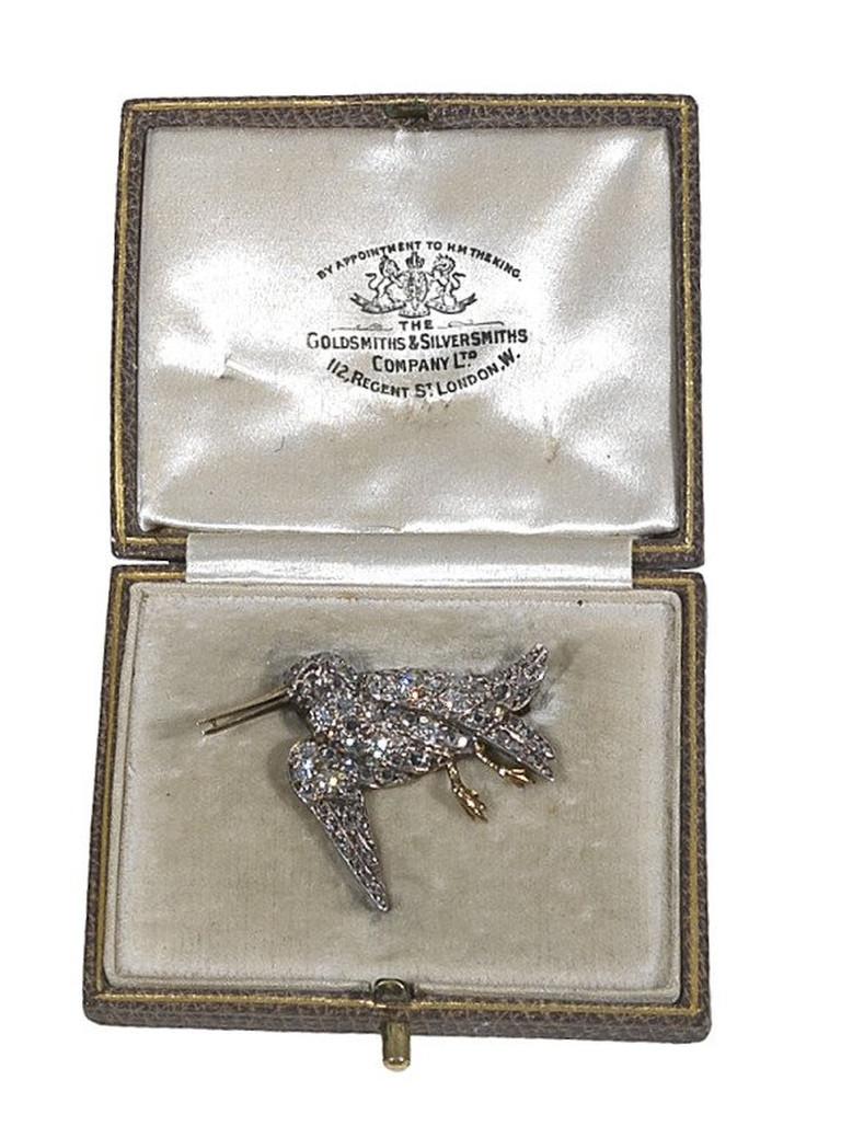 Late Victorian Diamond Gold Silver Snipe Brooch In Good Condition In Firenze, IT