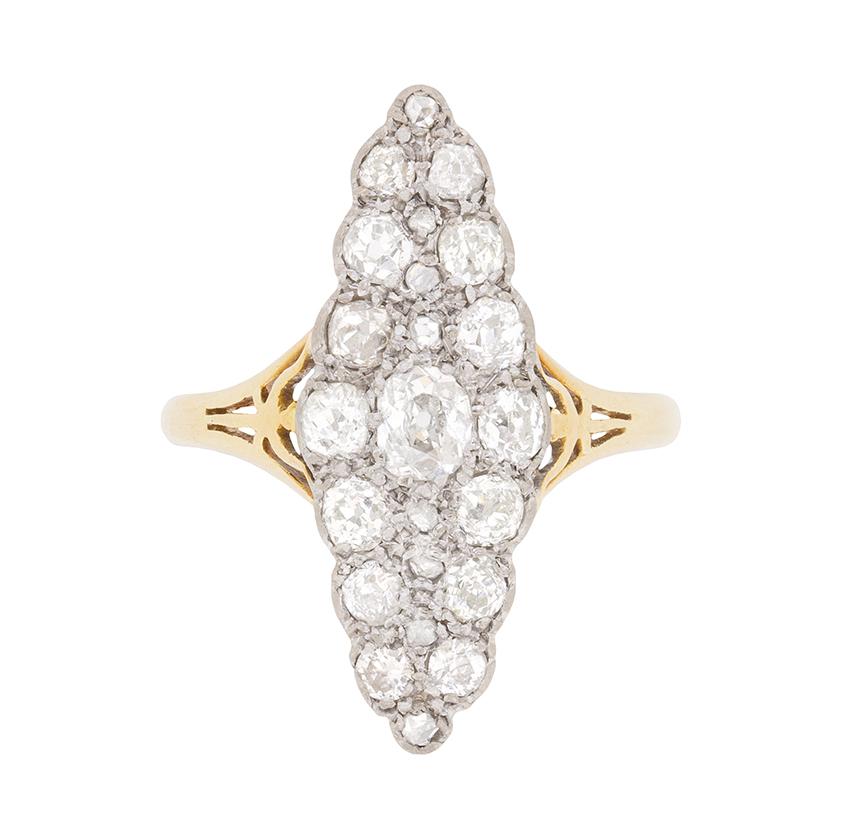 Late Victorian Diamond Marquise Shaped Cluster Ring, circa 1900s For Sale