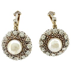 Late Victorian Diamond, Pearl Antique Earrings 18 Karat Gold and Sterling Silver