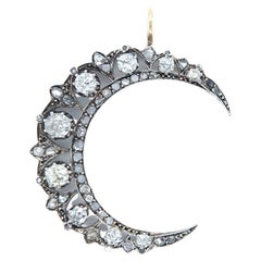 Antique Late Victorian Diamond Silver 14 Karat Rose Gold Crescent Moon Pendant