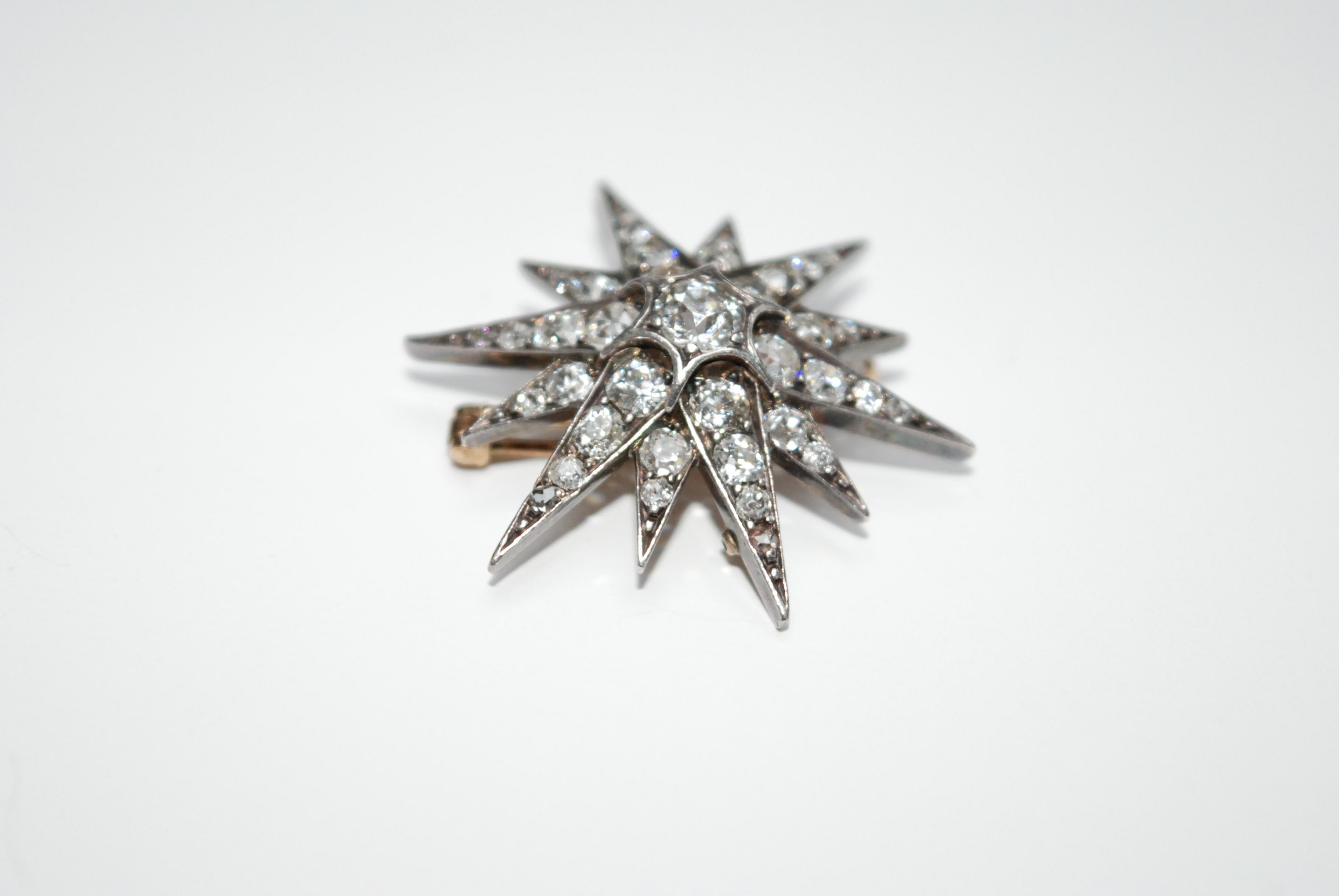 Late Victorian silver and old cut diamond star brooch

Estimated total diamond weight 1.85 cts
H-J colour
VS2 -P1 clarity
Length 3 cm
Weight 5.7 g