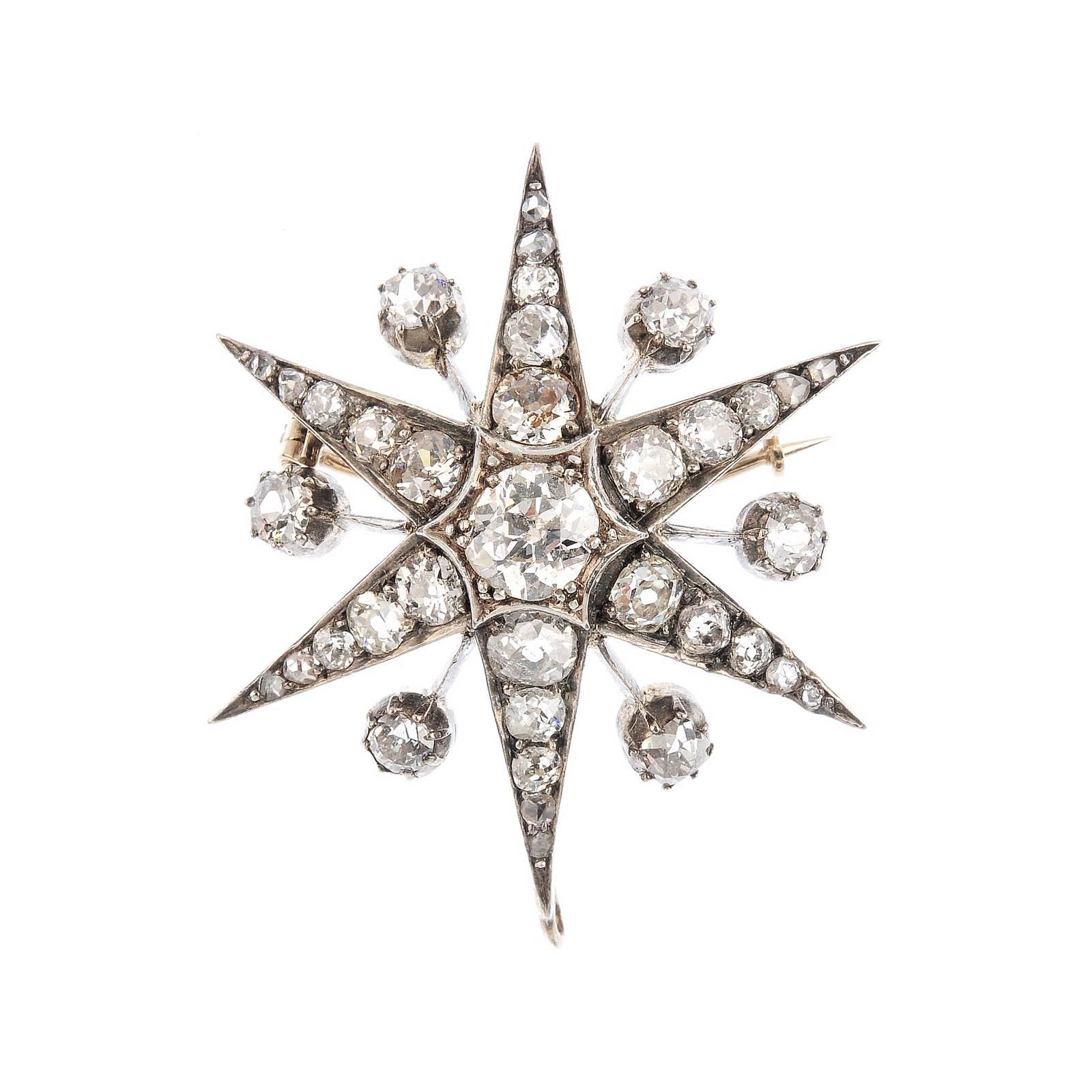 Gold Late Victorian Diamond Star Brooch or Pendant 