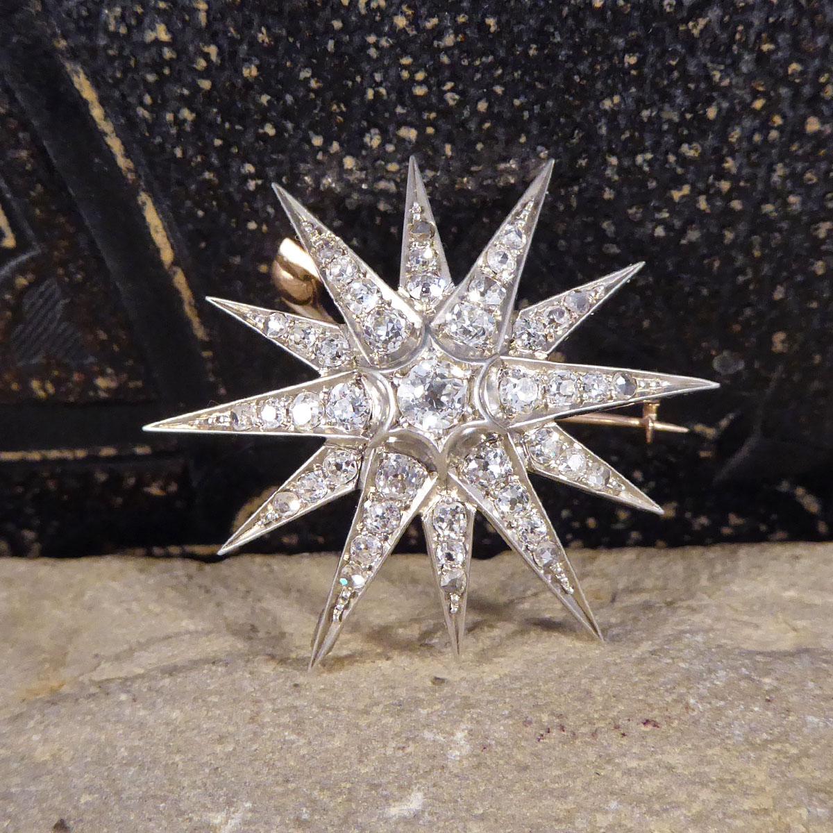Showing that quality jewellery really does stand the test of time, this gorgeous piece was hand crafted in the Victorian era. This antique brooch is gold backed and silver fronted and has Diamonds adorning it throughout the Star design with a centre