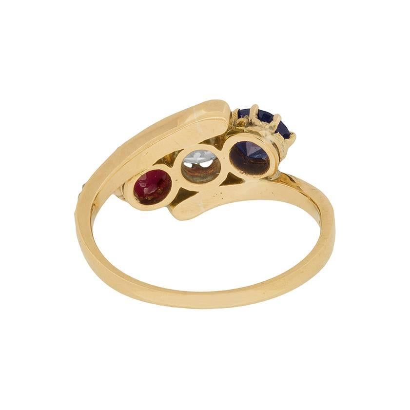 Rose Cut Late Victorian Diamond, Ruby and Sapphire Ring, circa 1900s