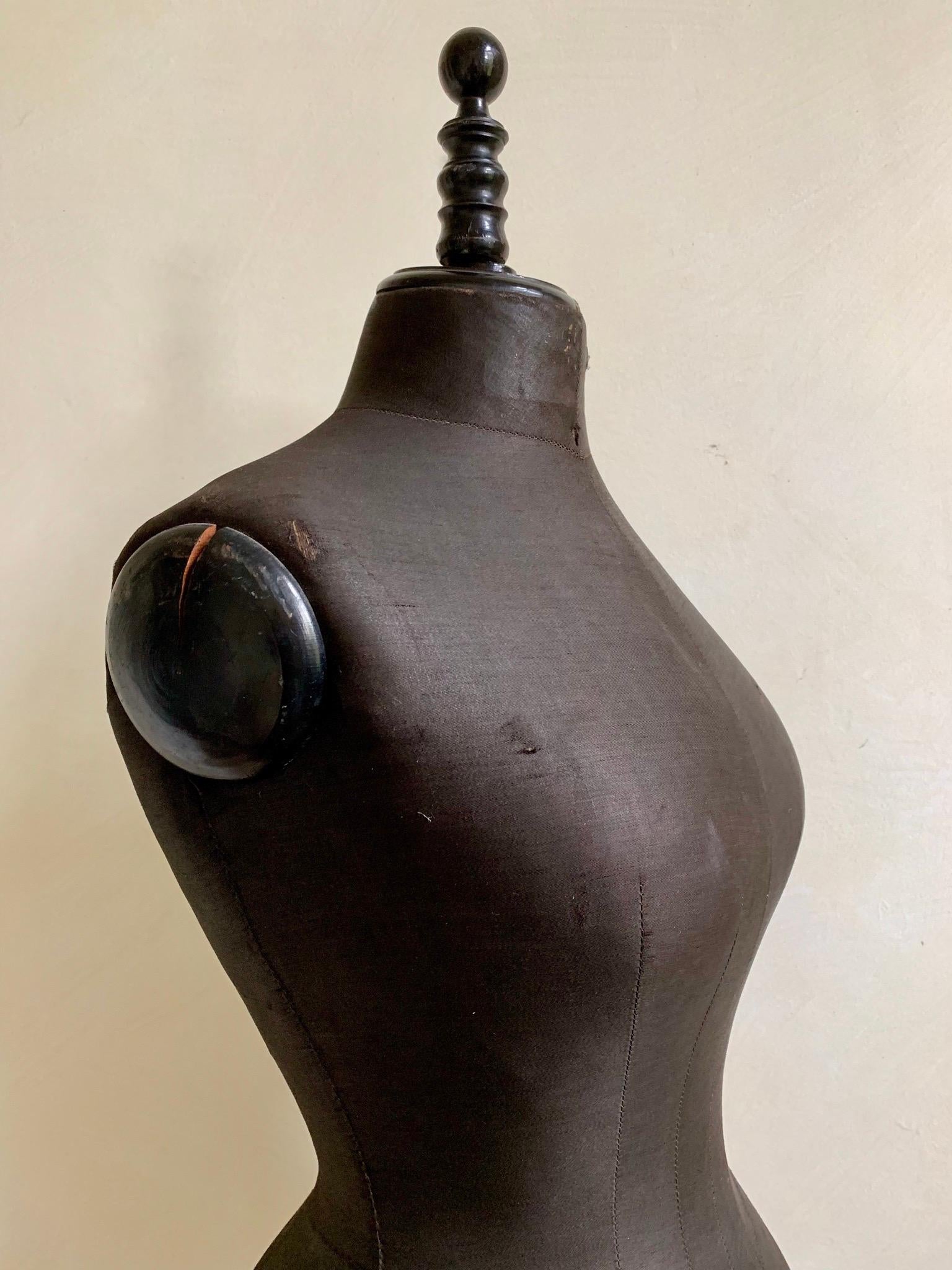 French Late Victorian Dressmakers Dummy Mannequin in Original Black Silk Material For Sale